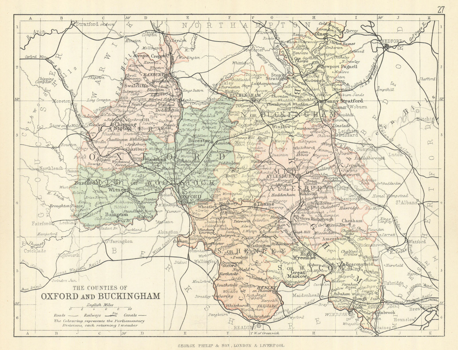 Associate Product OXFORDSHIRE & BUCKINGHAMSHIRE. County map. Railways constituencies. PHILIP 1889