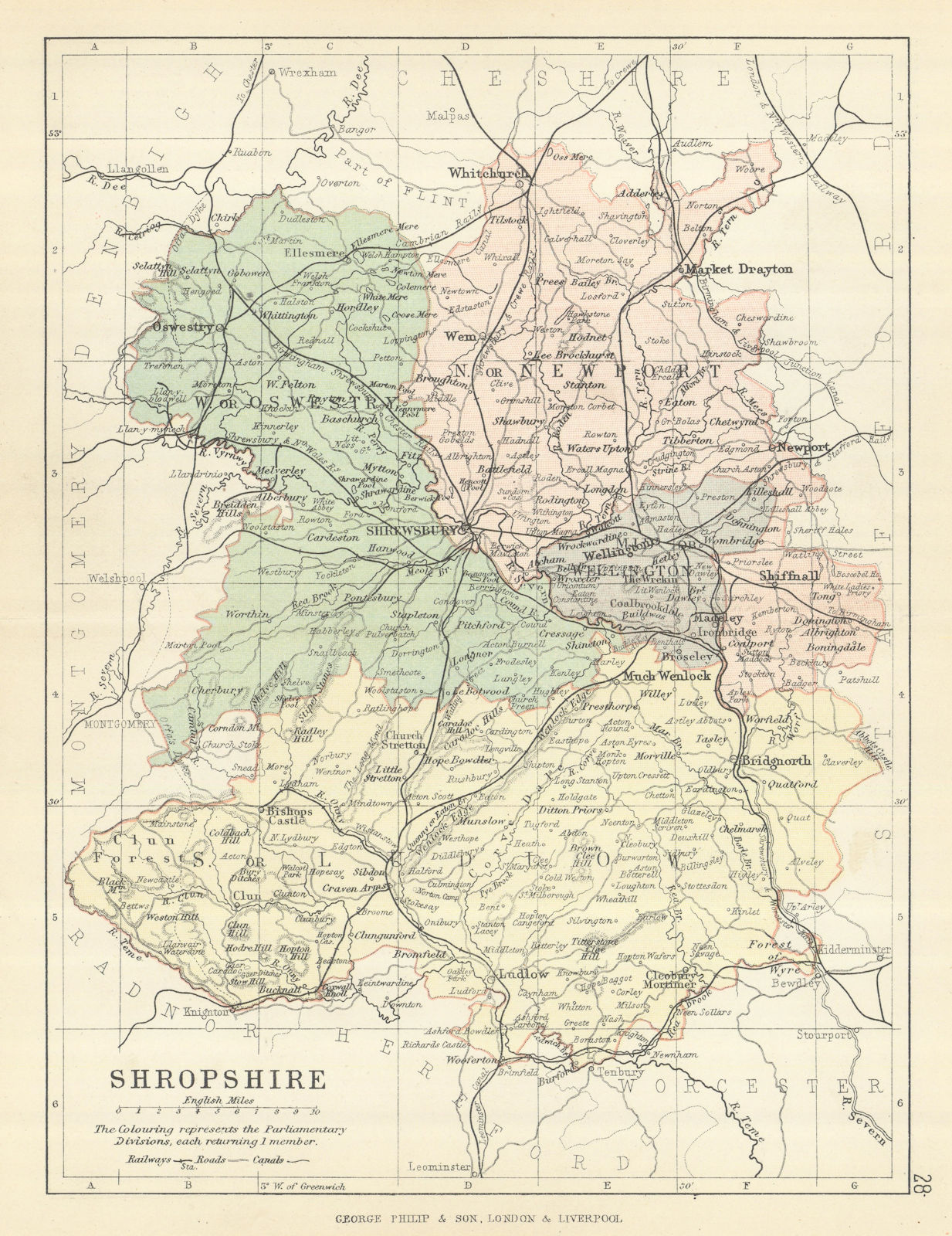 Associate Product SHROPSHIRE. Antique county map. Railways canals. Constituencies. PHILIP 1889