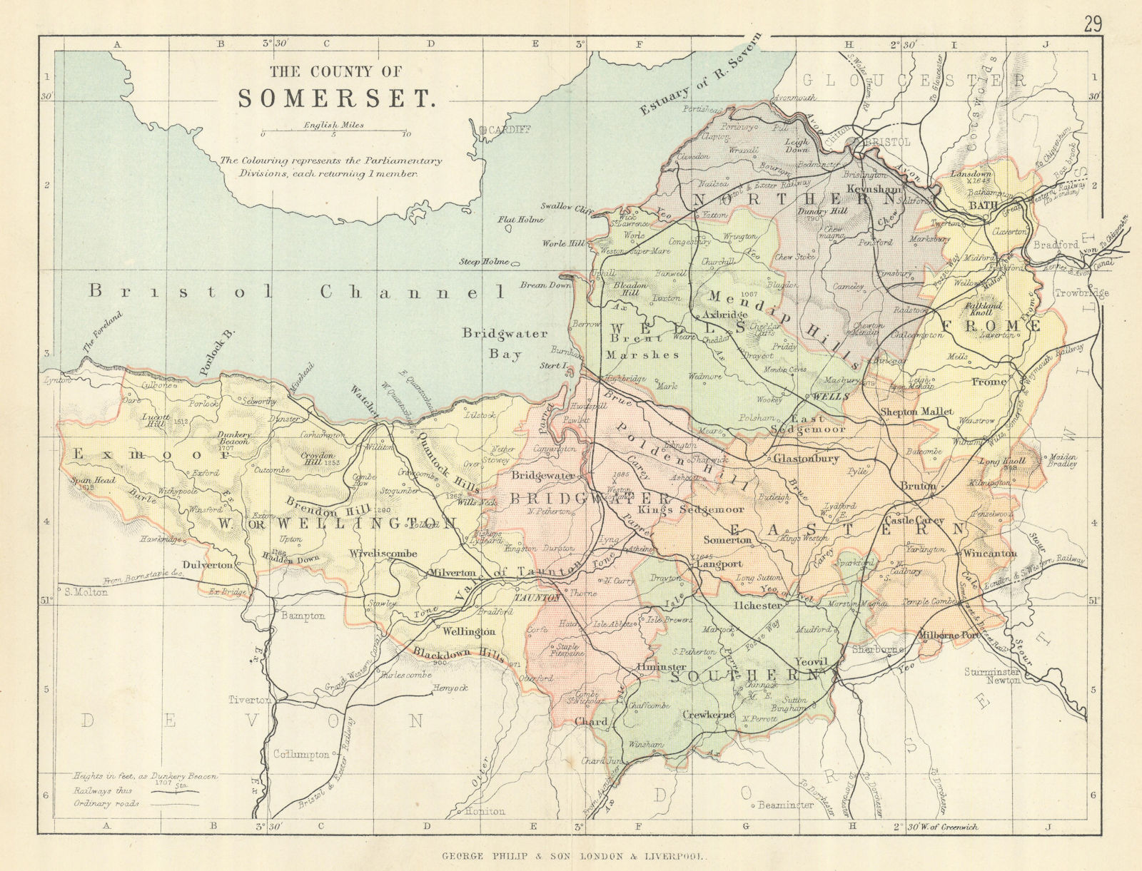SOMERSET. Antique county map. Railways. Constituencies. PHILIP 1889 old