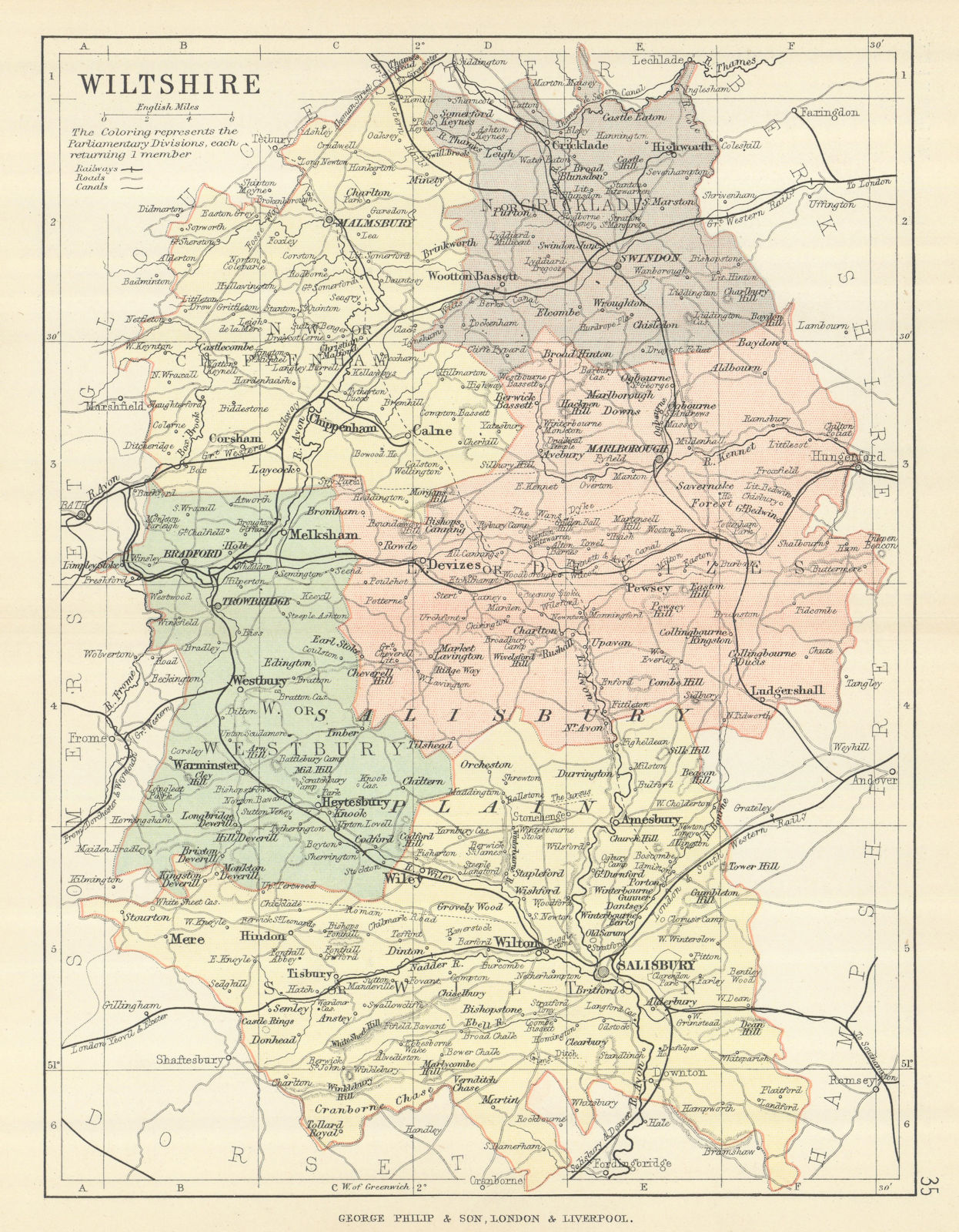 WILTSHIRE. Antique county map. Railways roads canals constituencies. PHILIP 1889