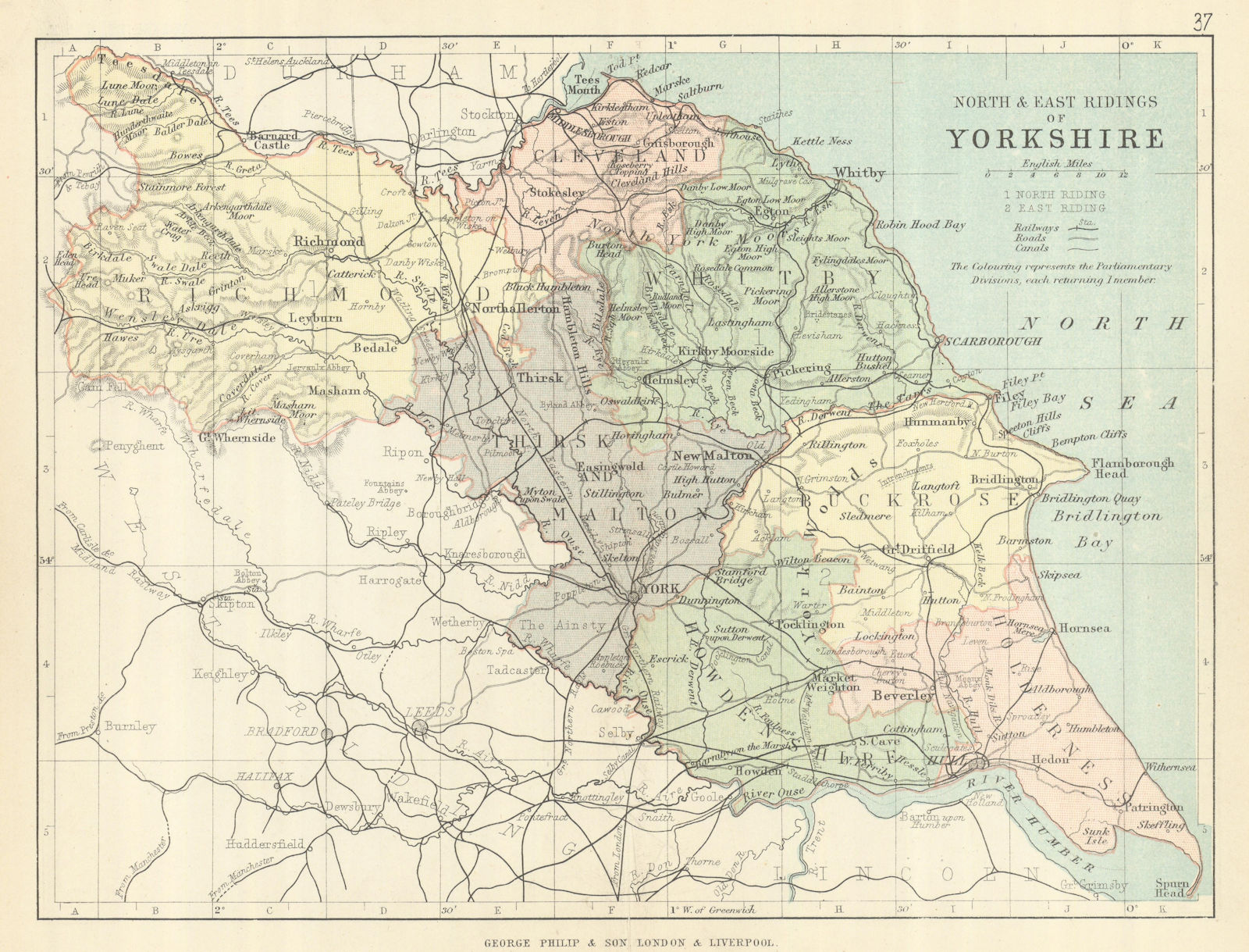 YORKSHIRE NORTH & EAST RIDINGS. County map. Railways constituencies. PHILIP 1889