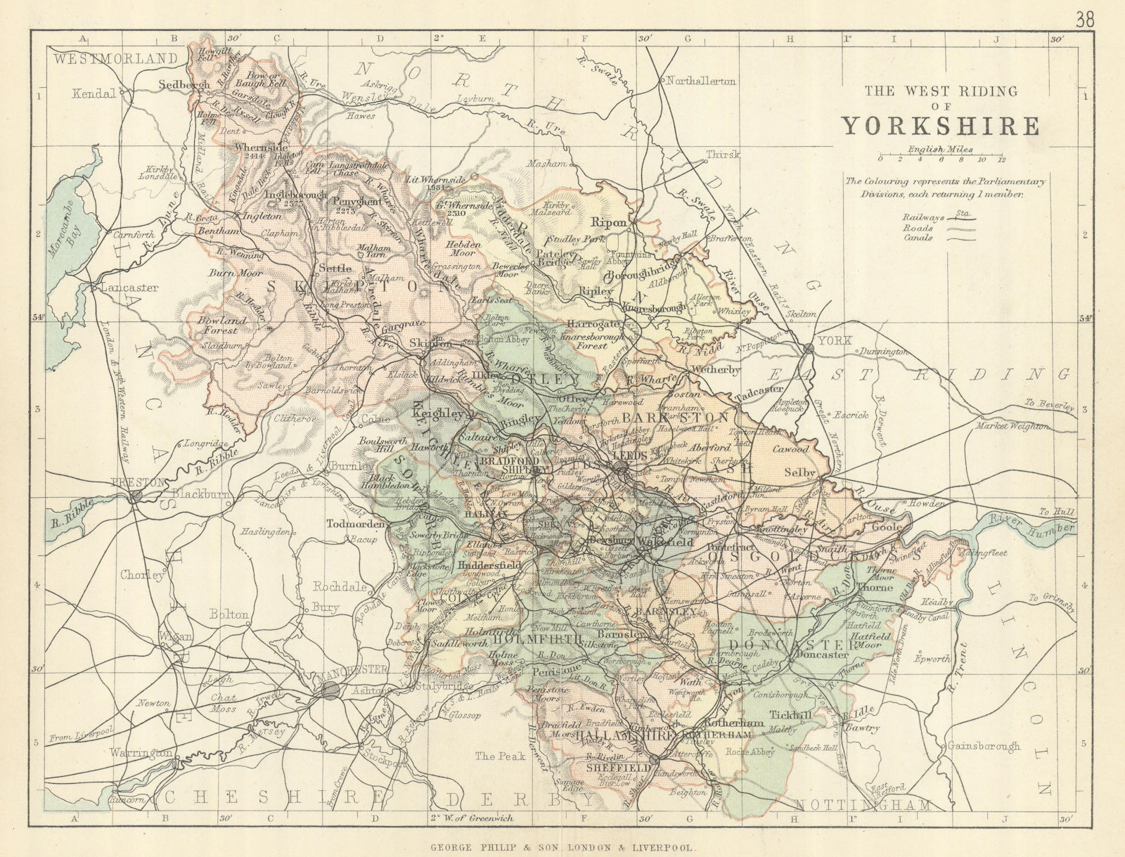 Associate Product YORKSHIRE WEST RIDING. County map. Railways canals. Constituencies. PHILIP 1889