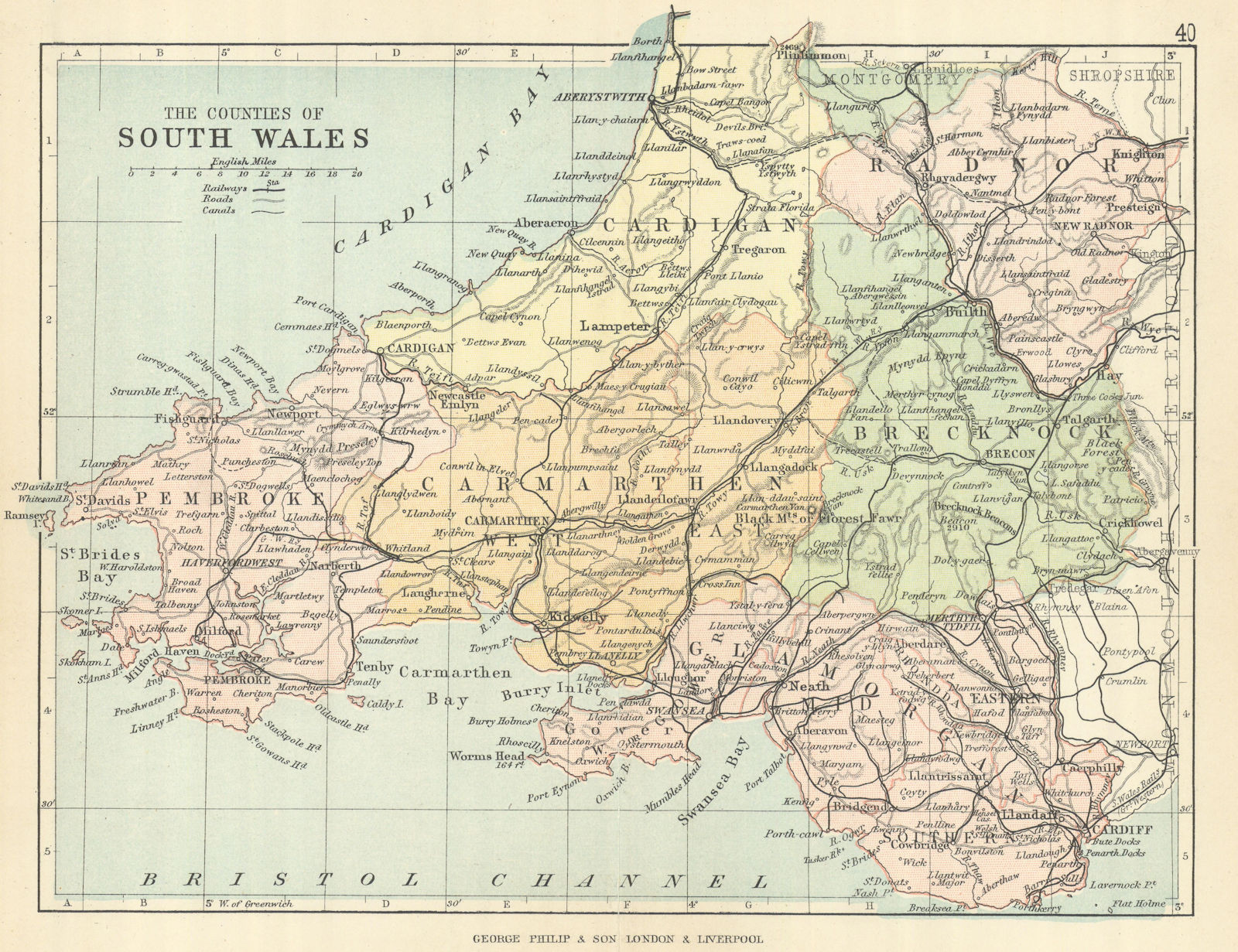 SOUTH WALES. Antique map. Counties Railways roads canals. PHILIP 1889 old