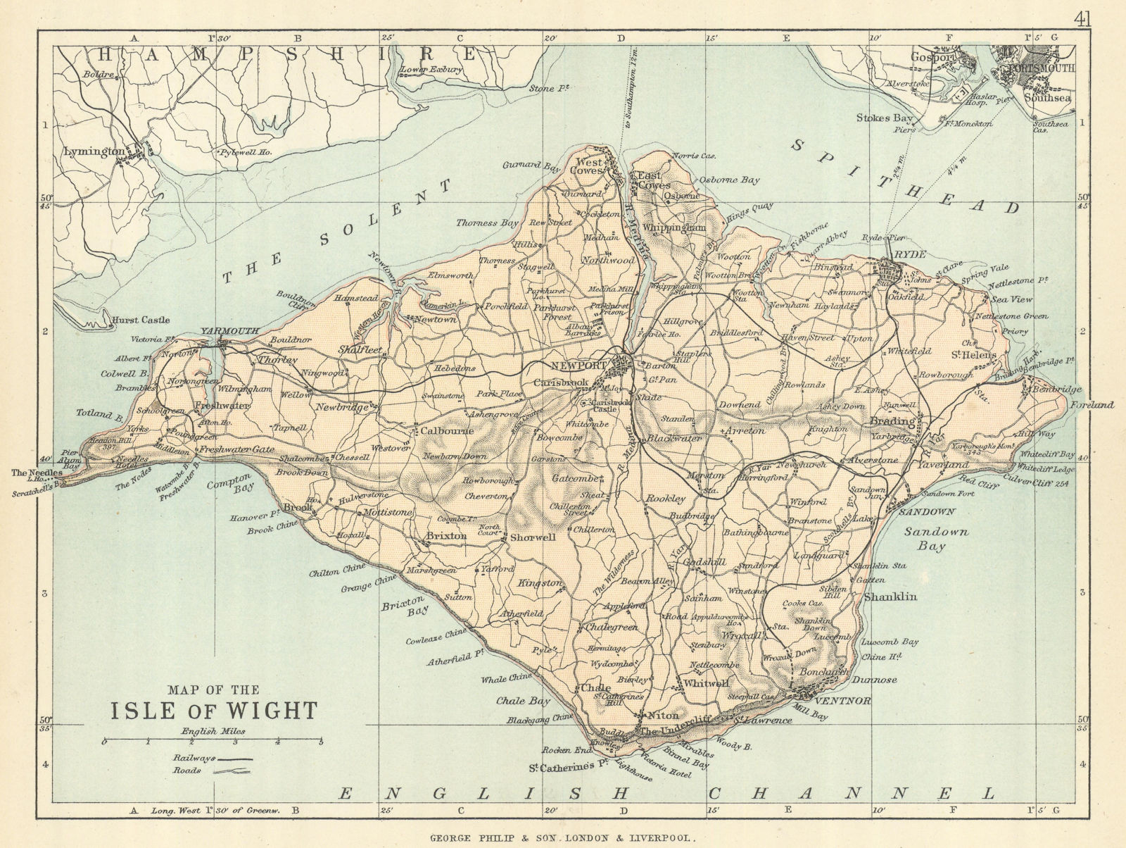 ISLE OF WIGHT. Antique map. Railways roads. Constituencies. PHILIP 1889