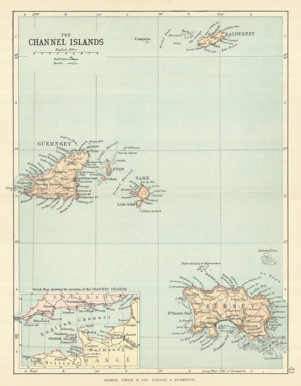 CHANNEL ISLANDS. Antique map. Jersey Guernsey Sark Alderney. PHILIP 1889