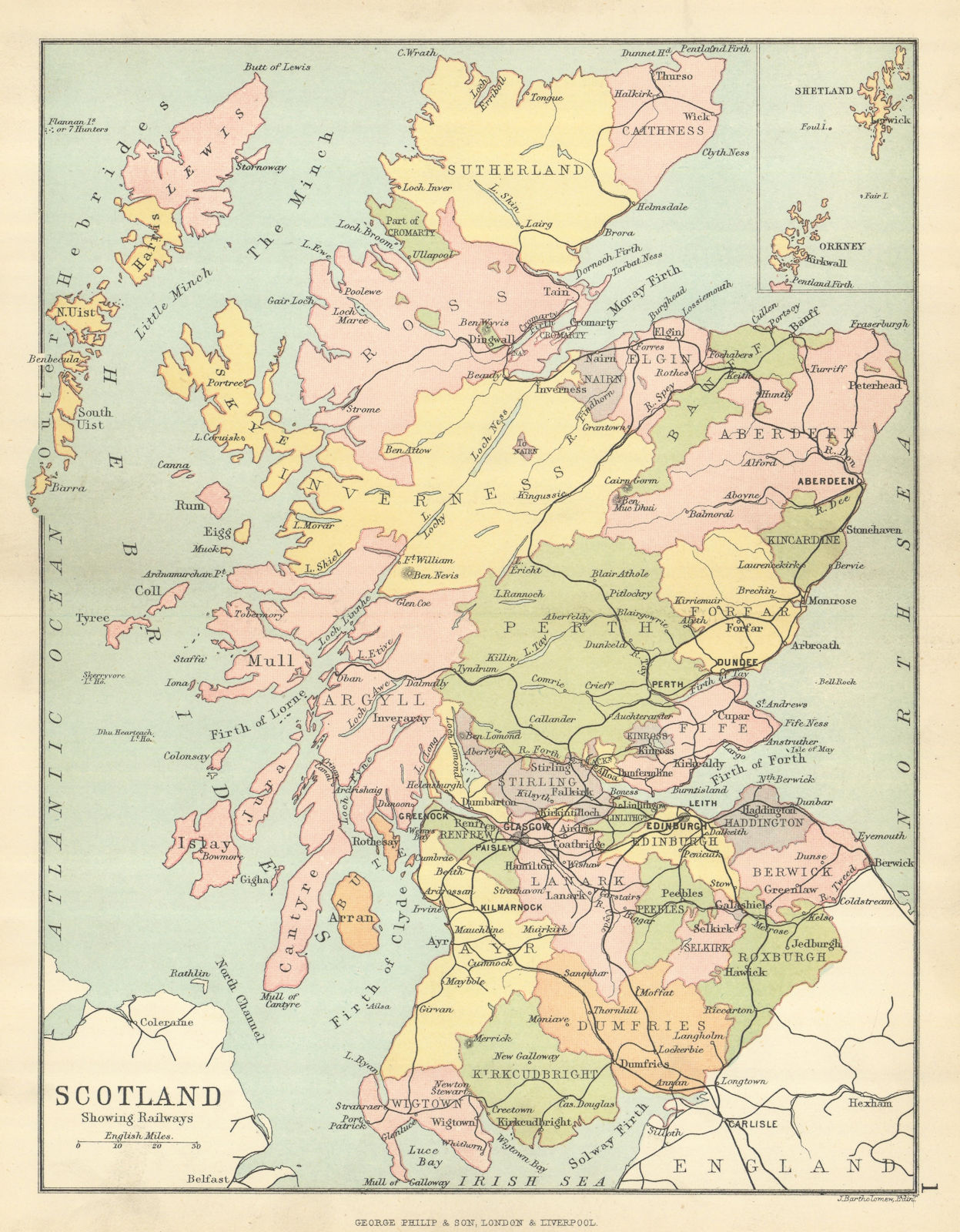 Associate Product 'Scotland showing Railways' & counties. BARTHOLOMEW 1886 old antique map chart