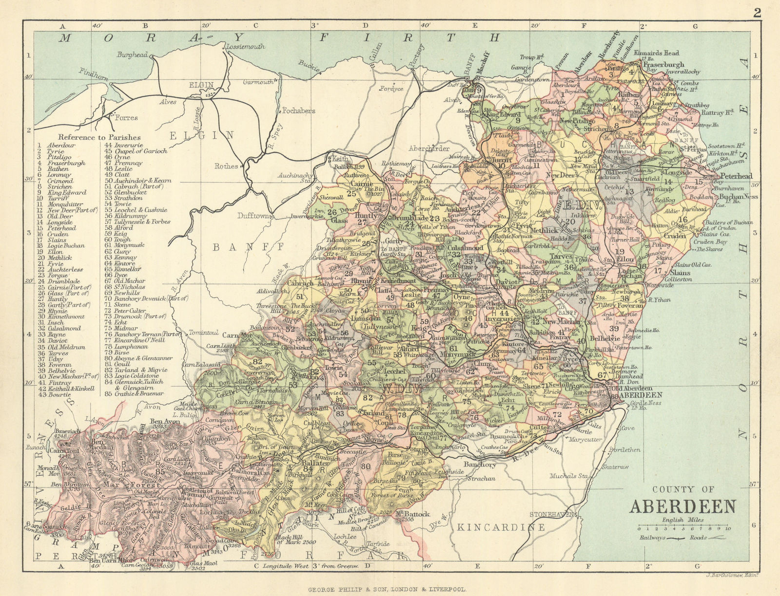 'County of Aberdeen'. Aberdeenshire. Parishes. BARTHOLOMEW 1886 old map