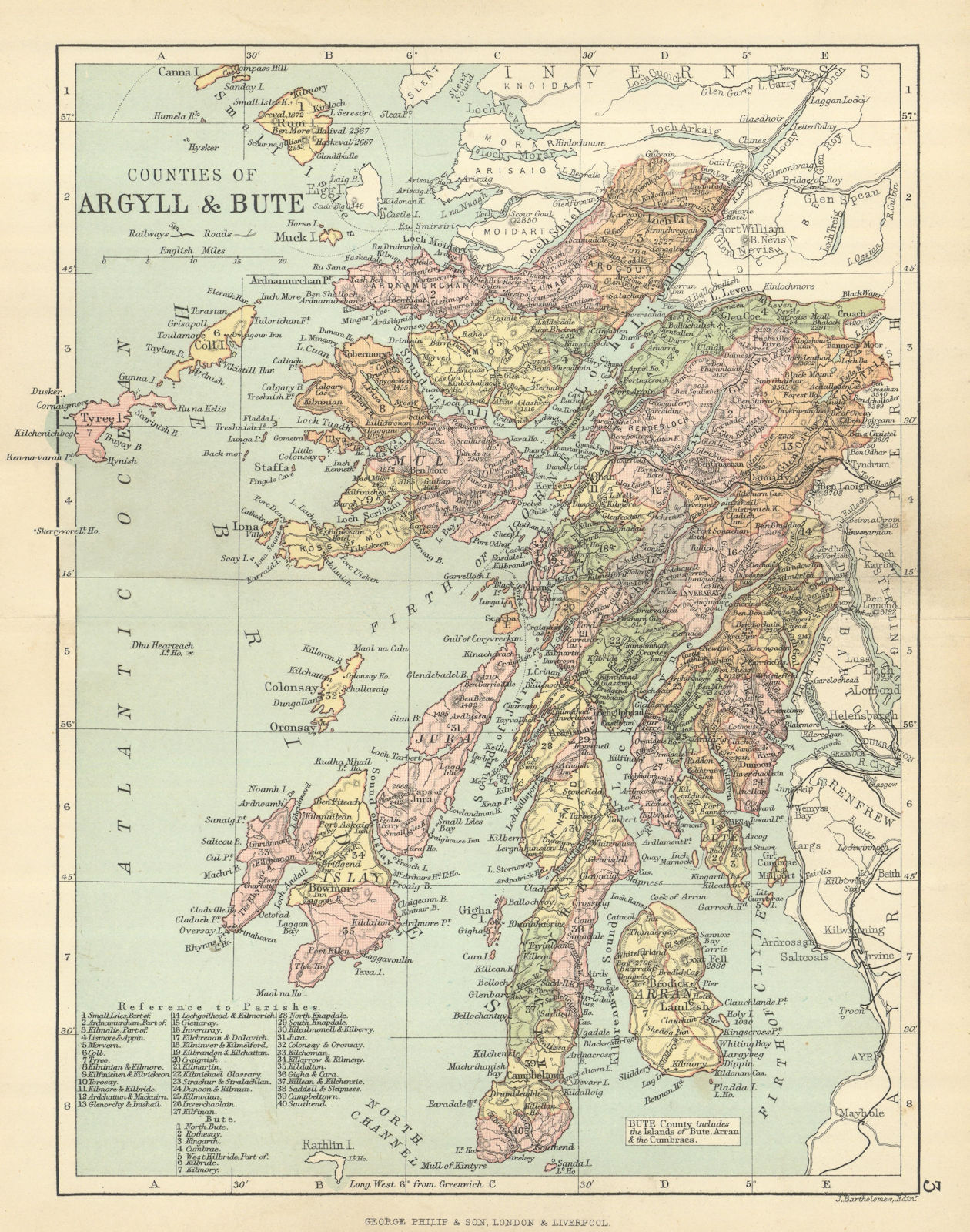'Counties of Argyll & Bute'. Argyllshire & Buteshire. BARTHOLOMEW 1886 old map