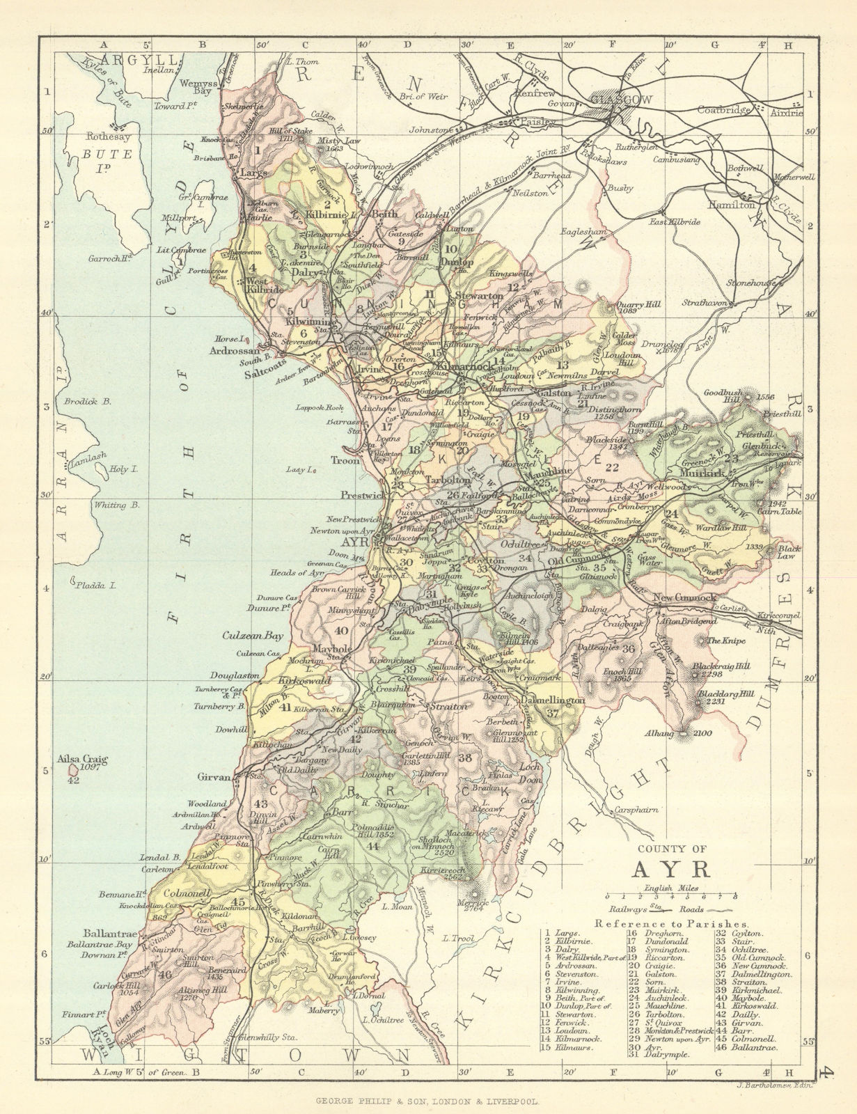 'County of Ayr'. Ayrshire. Parishes. BARTHOLOMEW 1886 old antique map chart