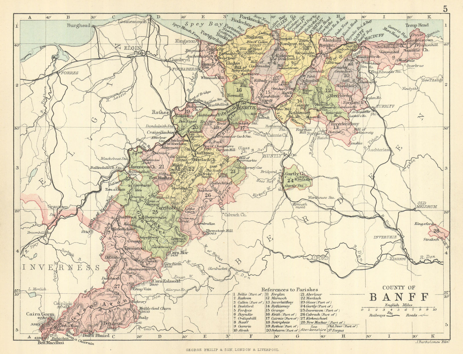 'County of Banff'. Banffshire. Parishes. BARTHOLOMEW 1886 old antique map
