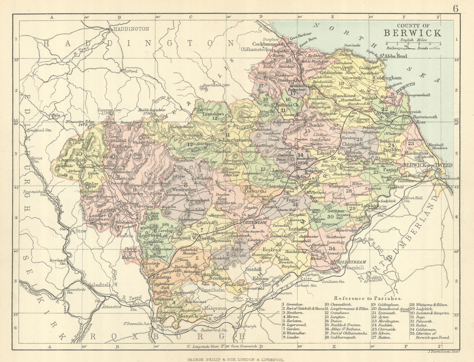 'County of Berwick'. Berwickshire. Parishes. BARTHOLOMEW 1886 old antique map