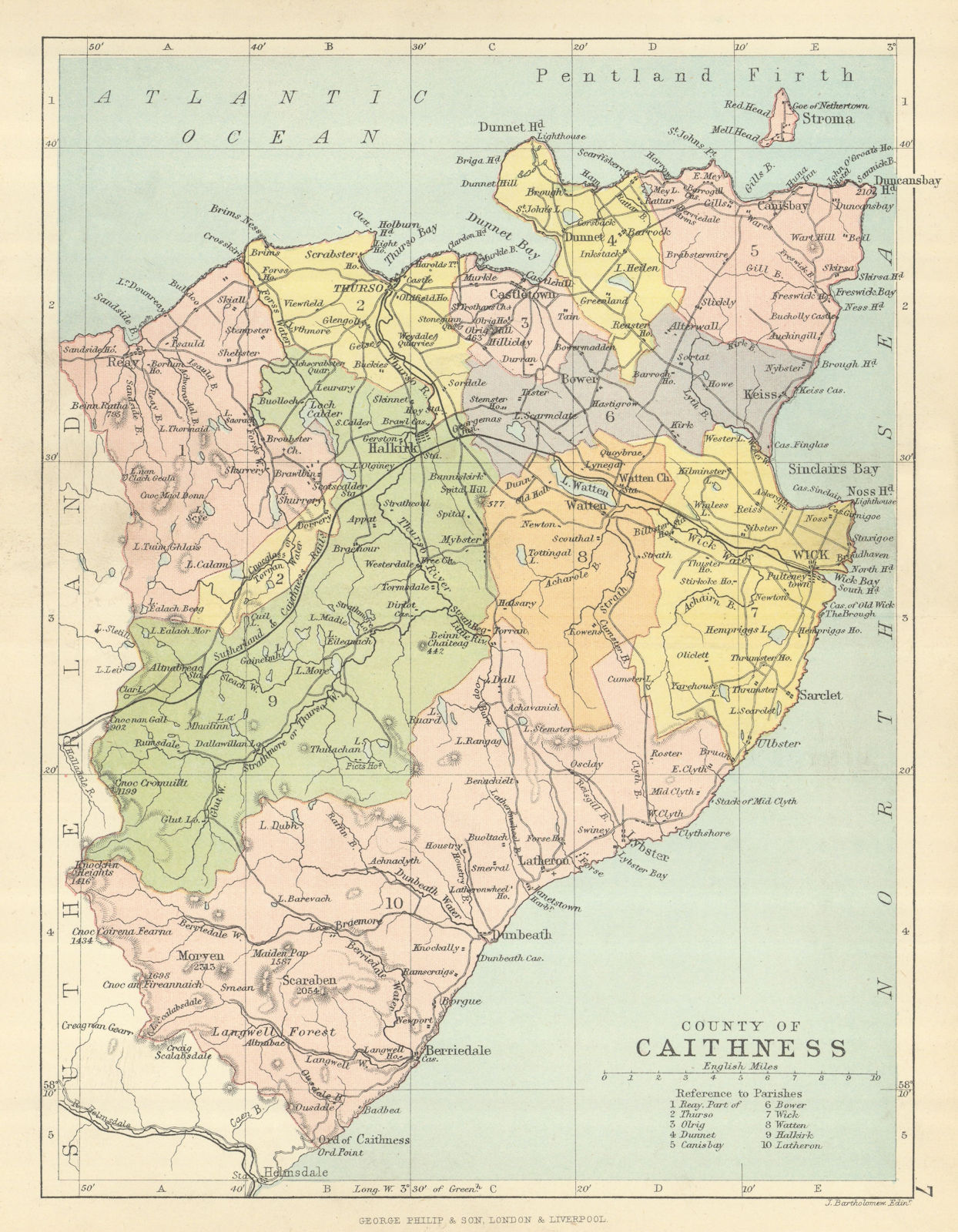 'County of Caithness'. Caithness-shire. Parishes. BARTHOLOMEW 1886 old map