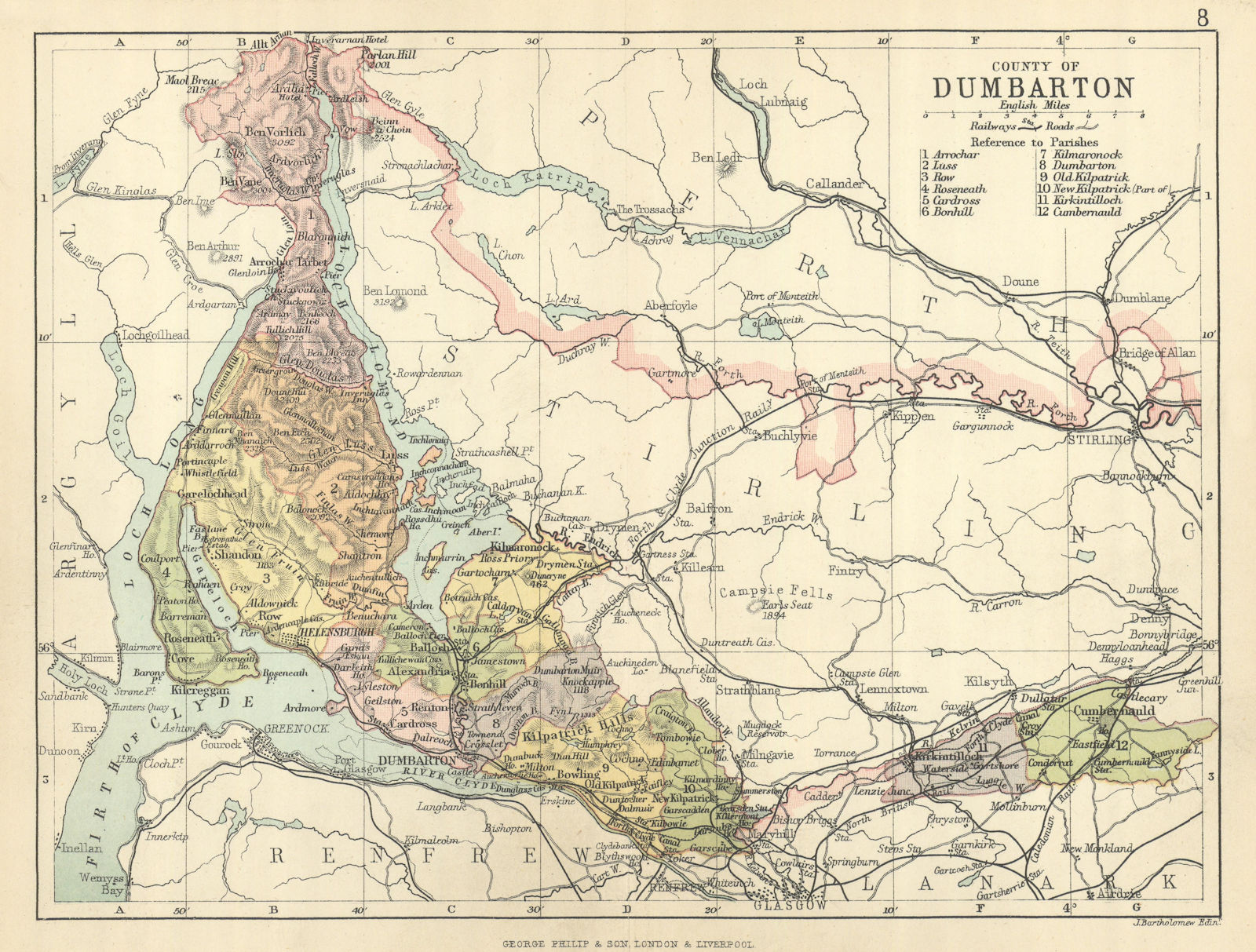 'County of Dumbarton'. Dumbartonshire. Parishes. BARTHOLOMEW 1886 old map