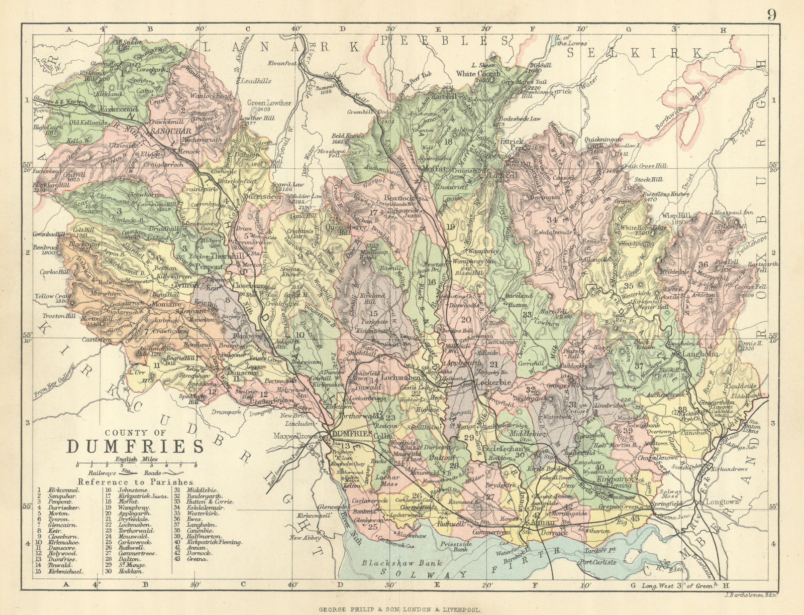 'County of Dumfries'. Dumfriesshire. Parishes. BARTHOLOMEW 1886 old map