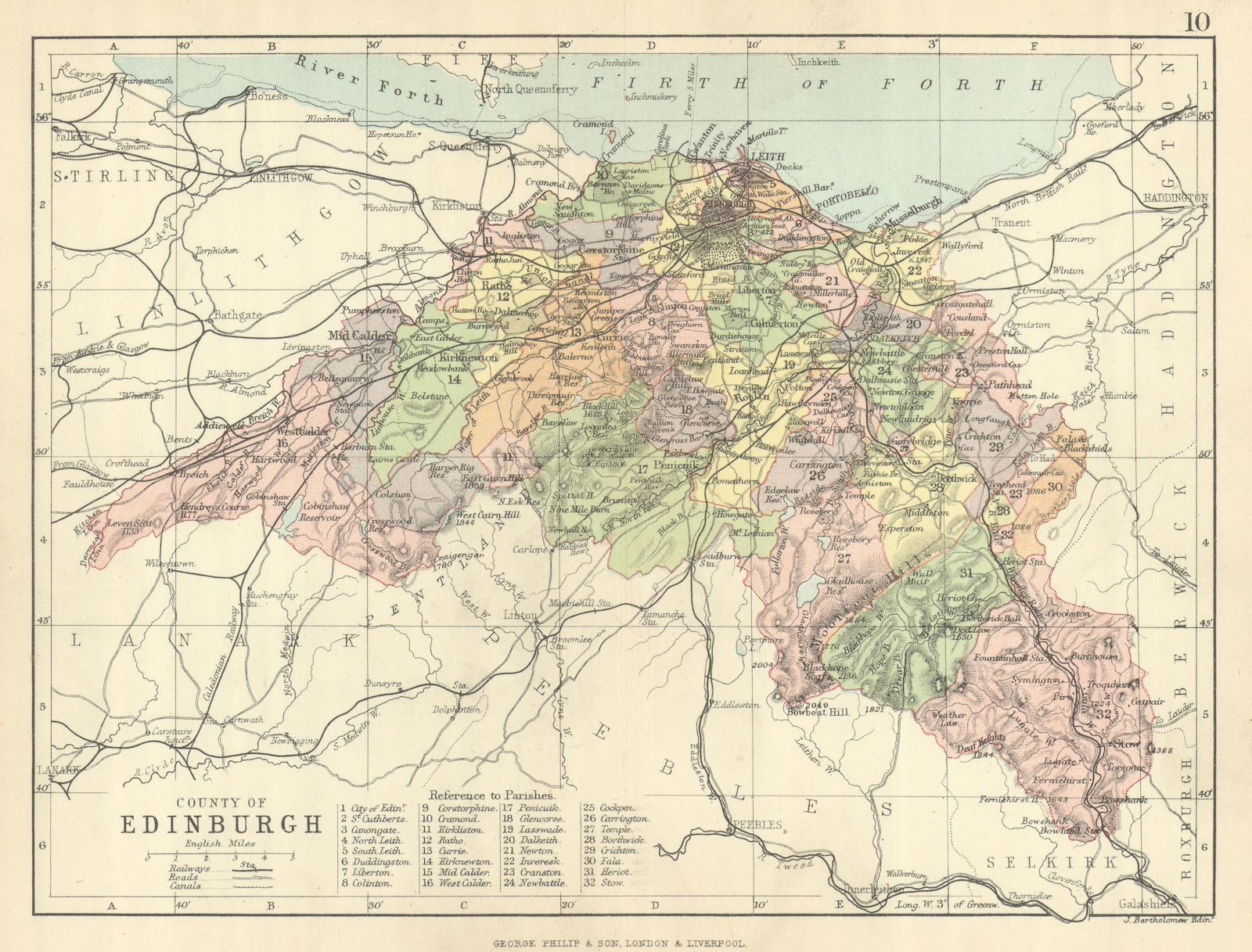 'County of Edinburgh'. Edinburghshire. Parishes. BARTHOLOMEW 1886 old map