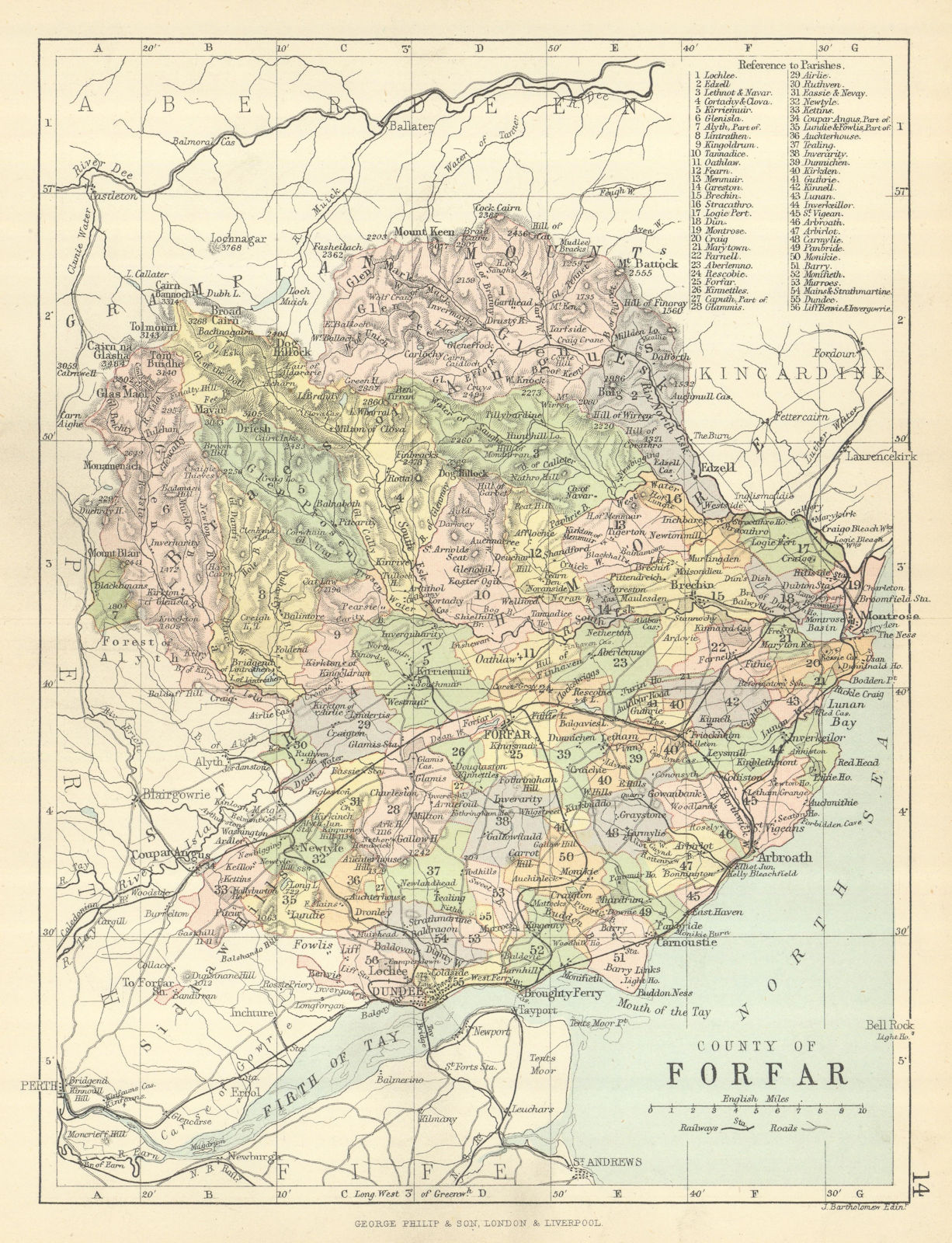 'County of Forfar'. Forfarshire. Parishes. BARTHOLOMEW 1886 old antique map