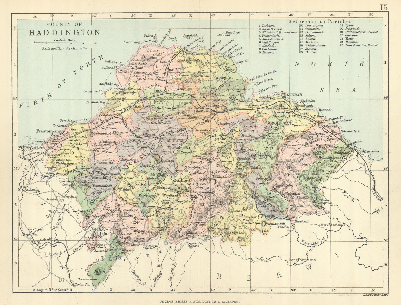 'County of Haddington'. Haddingtonshire. Parishes. BARTHOLOMEW 1886 old map