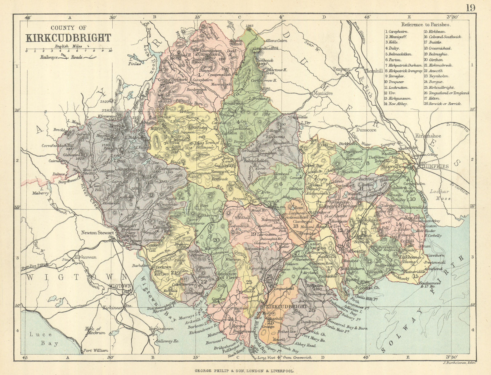'County of Kirkcudbright'. Kirkcudbrightshire. Parishes. BARTHOLOMEW 1886 map