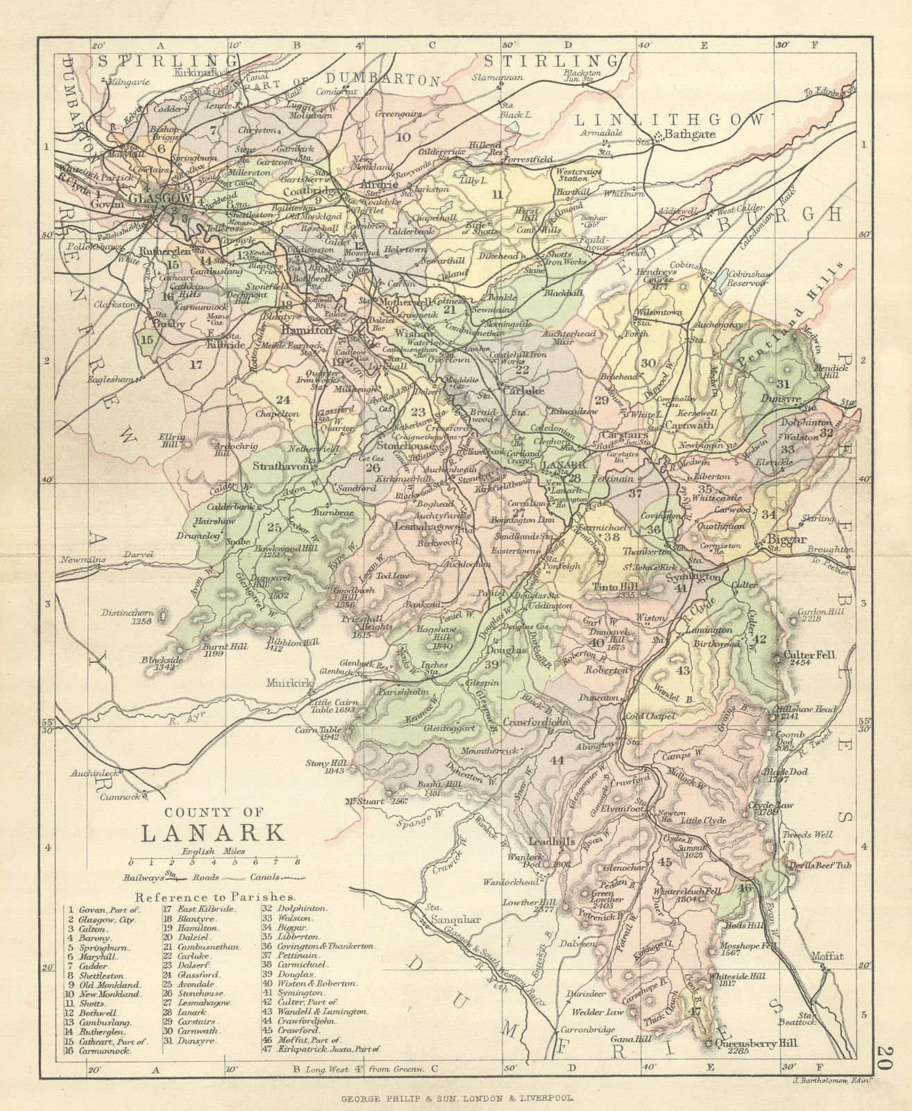 'County of Lanark'. Lanarkshire. Parishes. BARTHOLOMEW 1886 old antique map