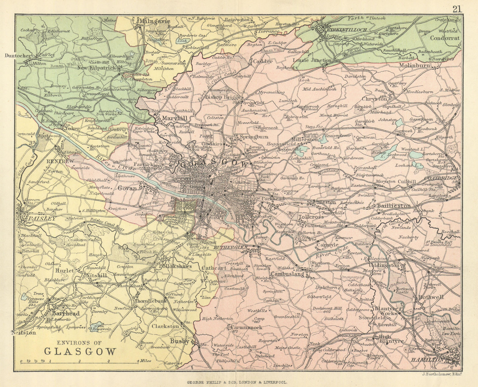 'Environs of Glasgow'. Parishes. BARTHOLOMEW 1886 old antique map plan chart