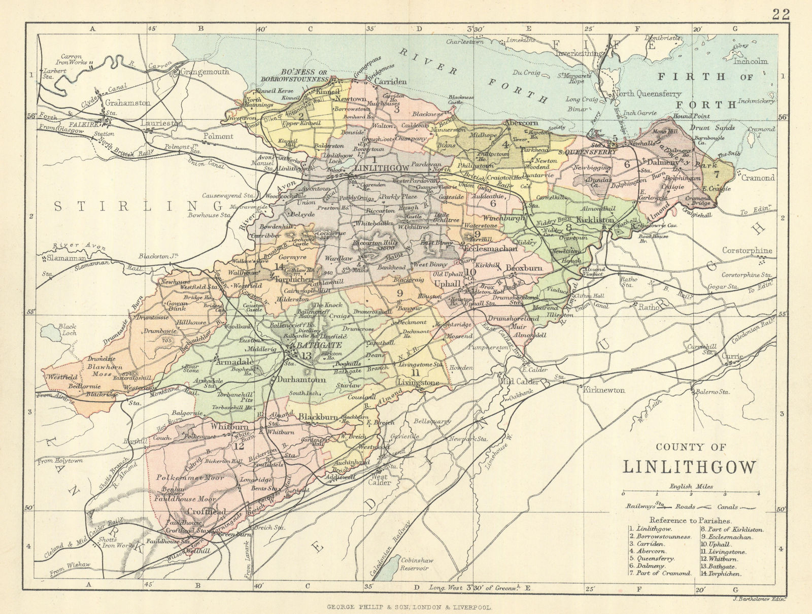 'County of Linlithgow'. Linlithgowshire. Parishes. BARTHOLOMEW 1886 old map