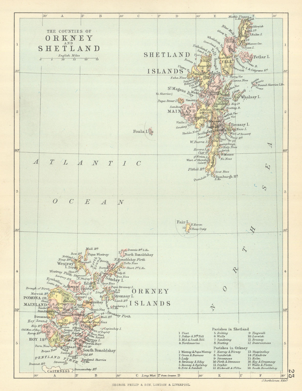 Associate Product 'The Counties of Orkney and Shetland'. Parishes. BARTHOLOMEW 1886 old map