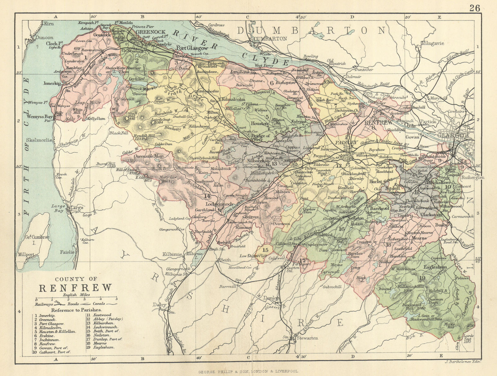 'County of Renfrew'. Renfrewshire. Parishes. BARTHOLOMEW 1886 old antique map