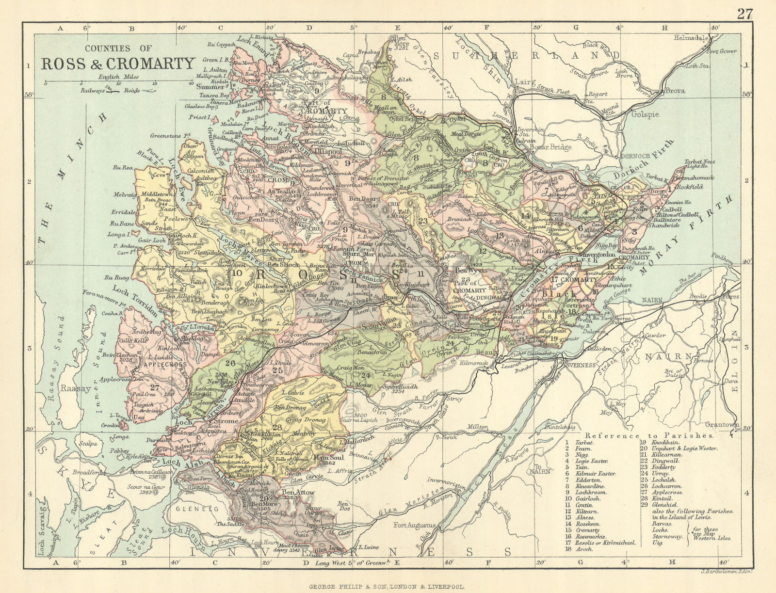 'Counties of Ross & Cromarty'. Ross-shire & Cromartyshire. BARTHOLOMEW 1886 map