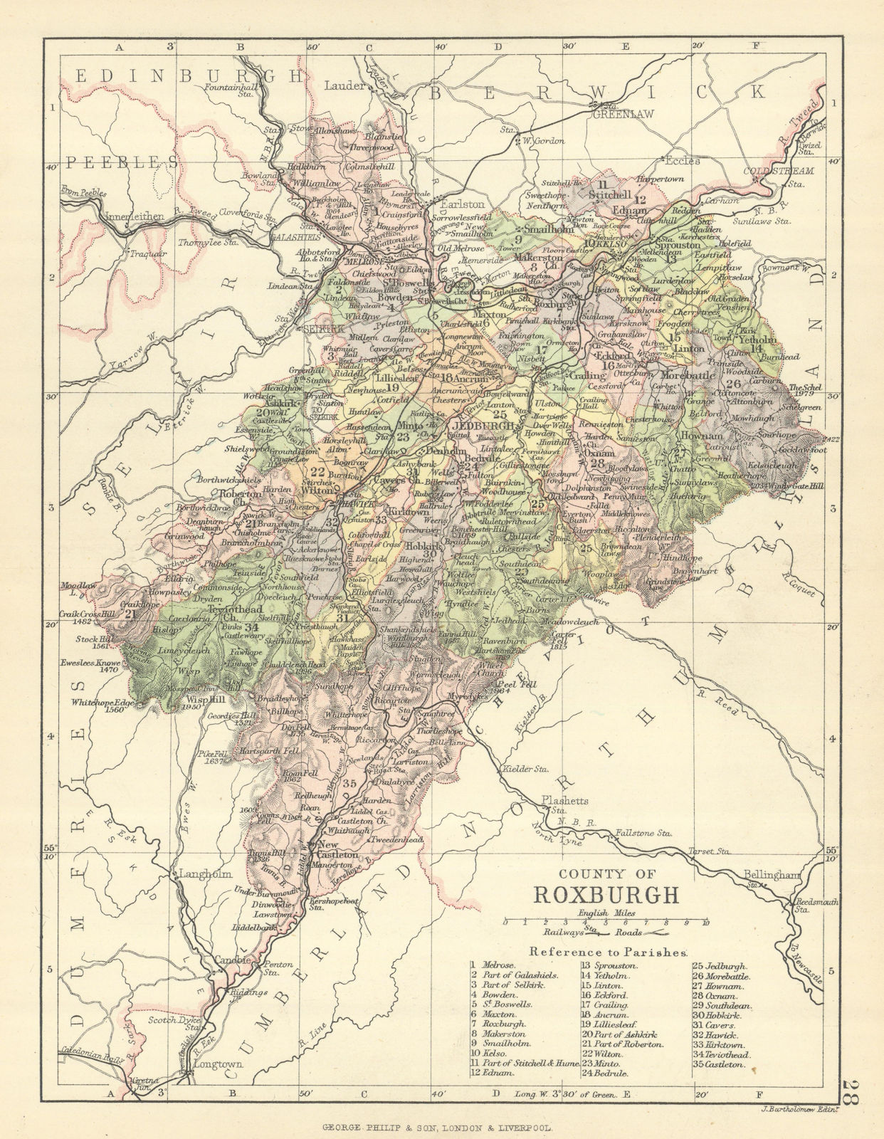 'County of Roxburgh'. Roxburghshire. Parishes. BARTHOLOMEW 1886 old map
