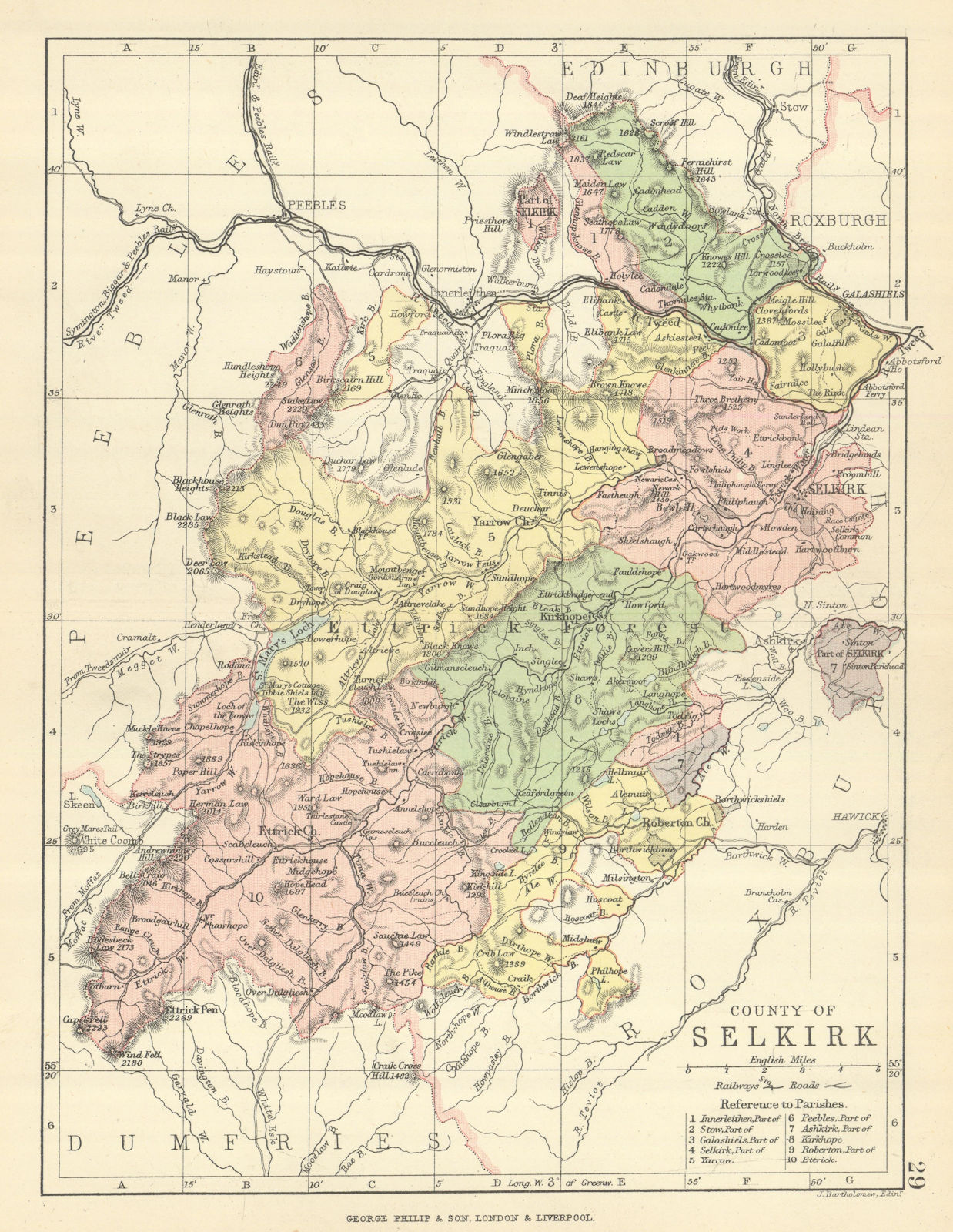 'County of Selkirk'. Selkirkshire. Parishes. BARTHOLOMEW 1886 old antique map