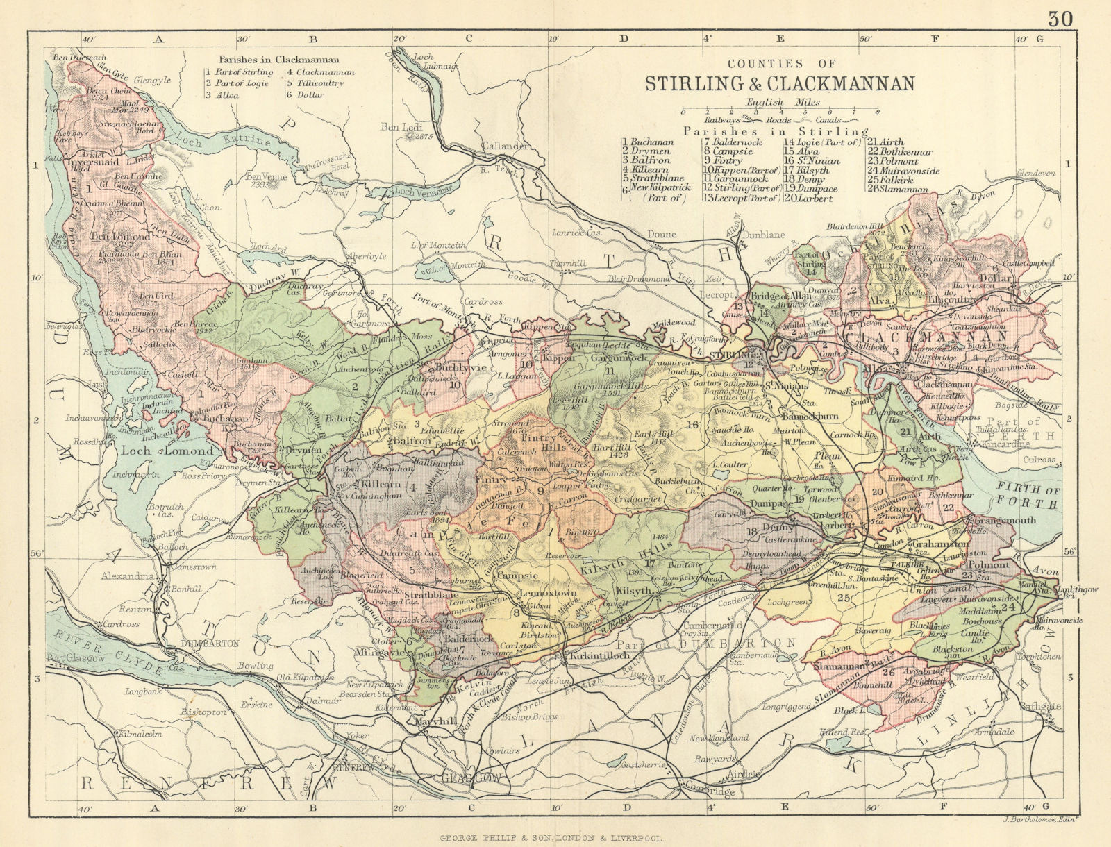 Stirlingshire & Clackmannanshire counties. BARTHOLOMEW 1886 old antique map