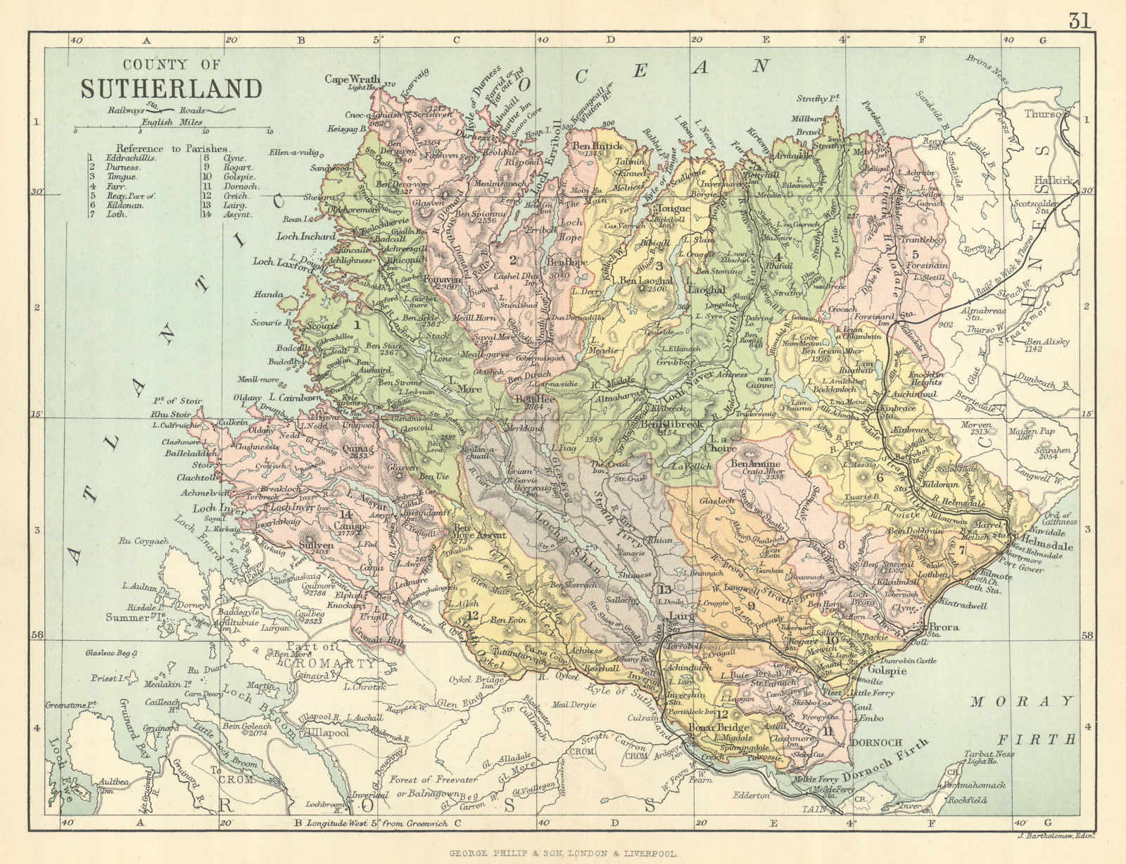 'County of Sutherland'. Sutherlandshire. Parishes. BARTHOLOMEW 1886 old map