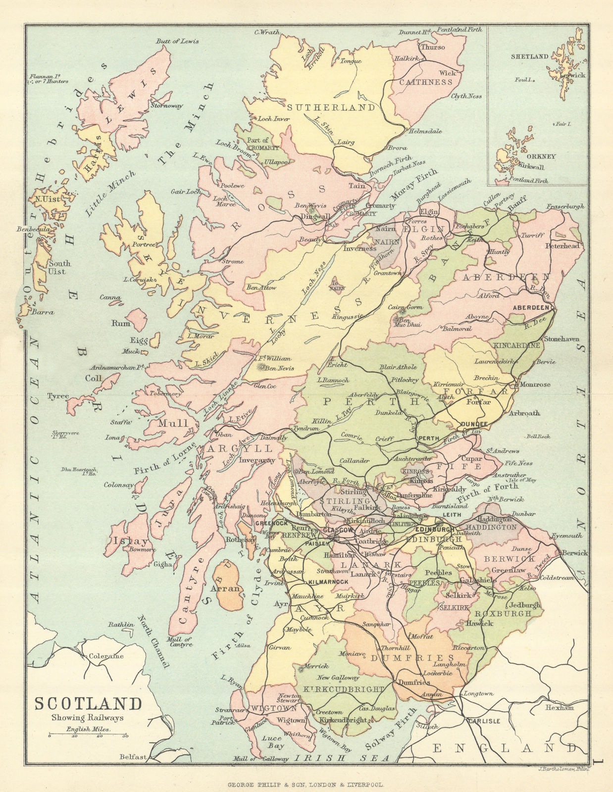 'Scotland showing Railways' & counties. BARTHOLOMEW 1888 old antique map chart