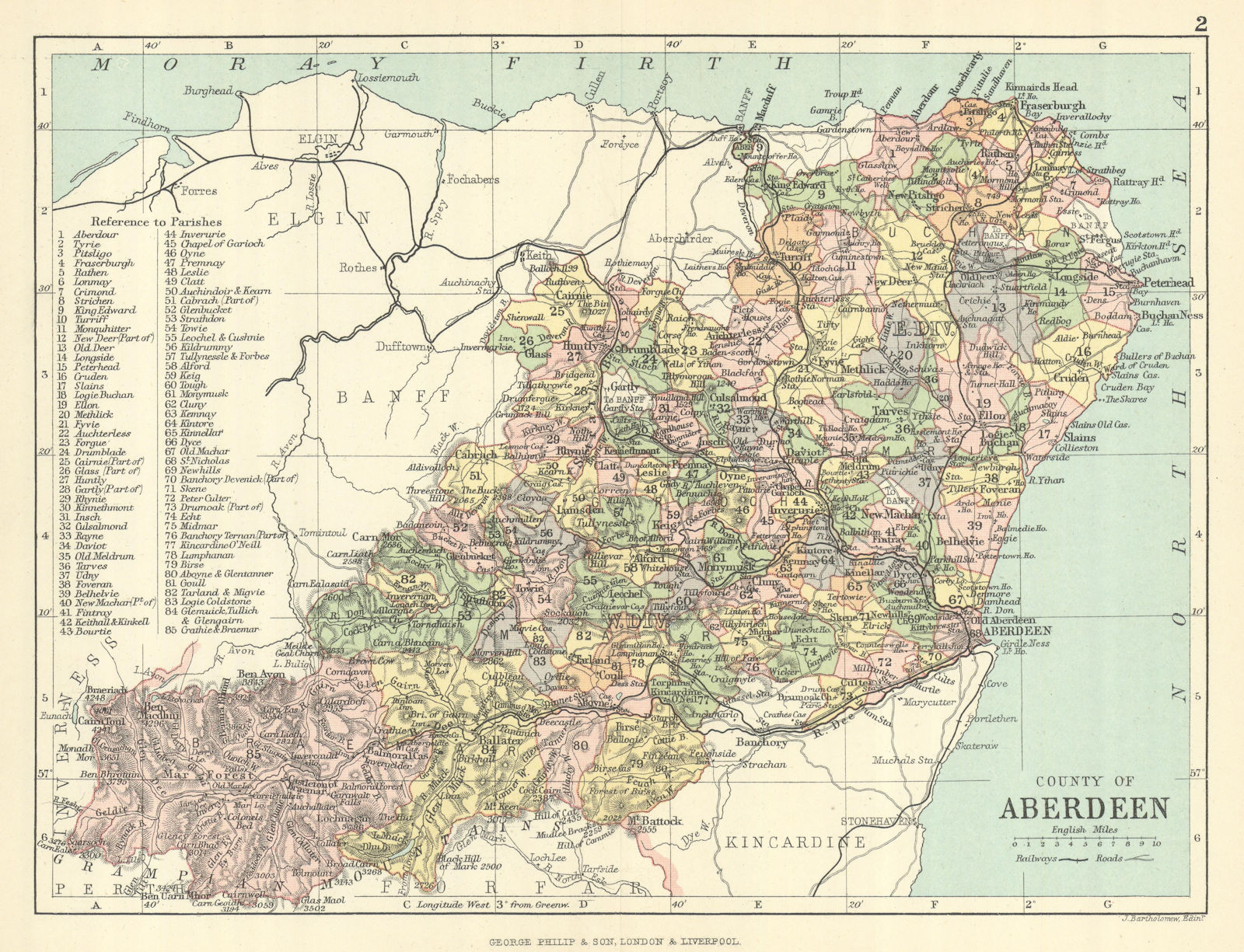 'County of Aberdeen'. Aberdeenshire. Parishes. BARTHOLOMEW 1888 old map