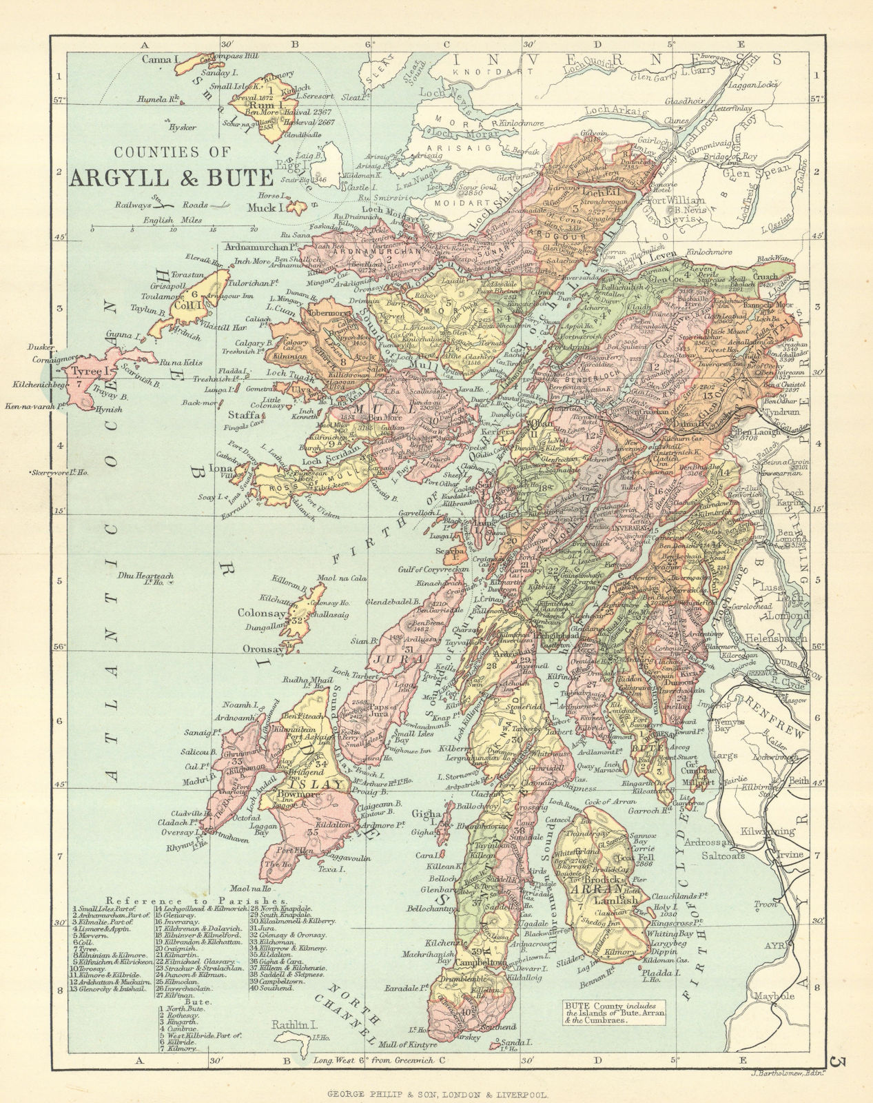 'Counties of Argyll & Bute'. Argyllshire & Buteshire. BARTHOLOMEW 1888 old map