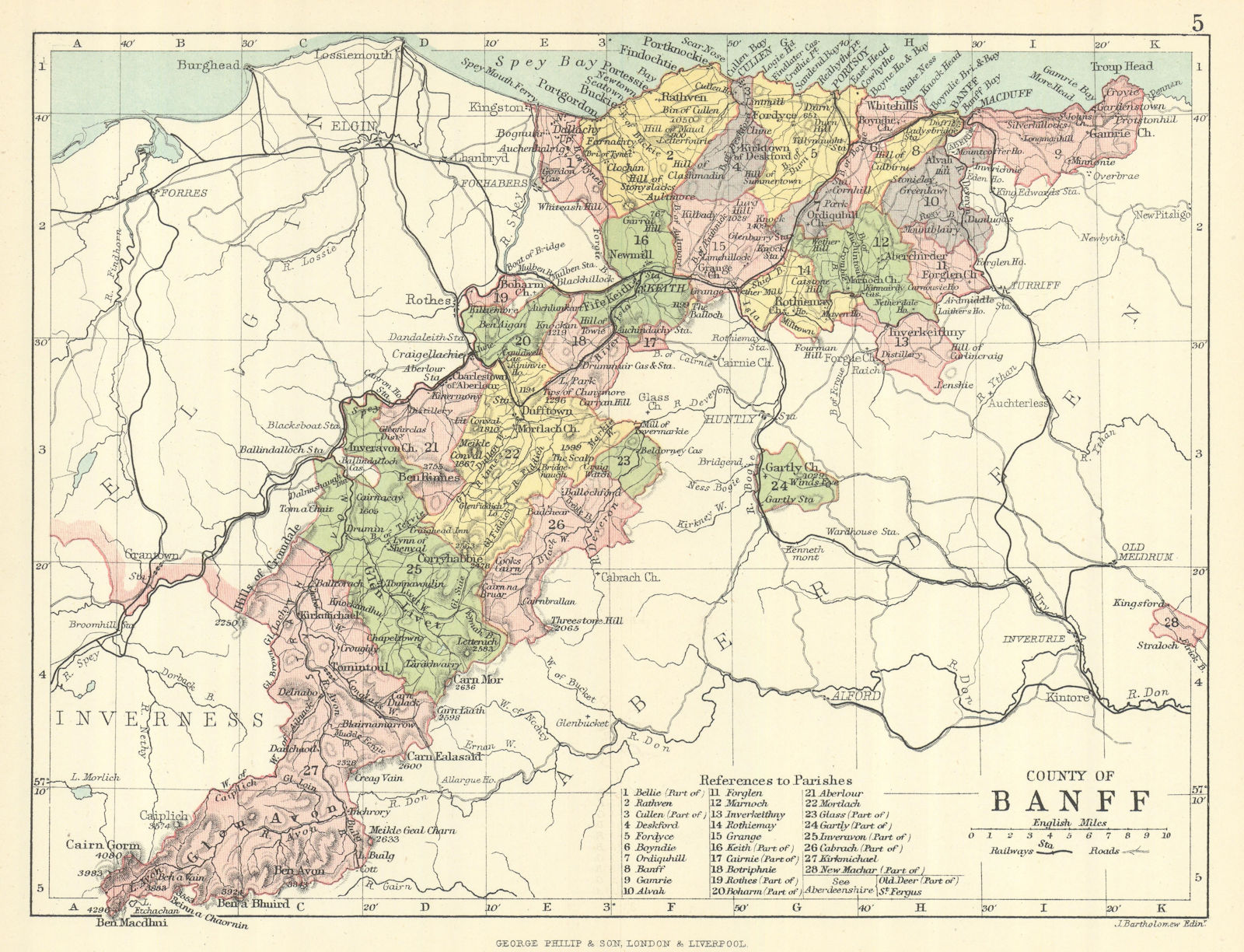 'County of Banff'. Banffshire. Parishes. BARTHOLOMEW 1888 old antique map