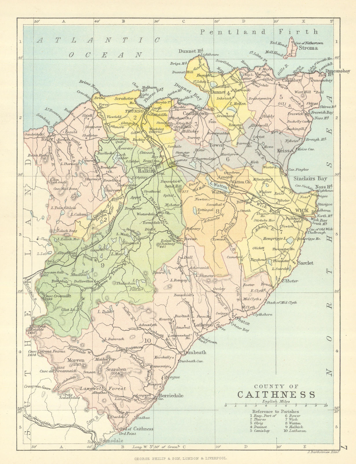 'County of Caithness'. Caithness-shire. Parishes. BARTHOLOMEW 1888 old map