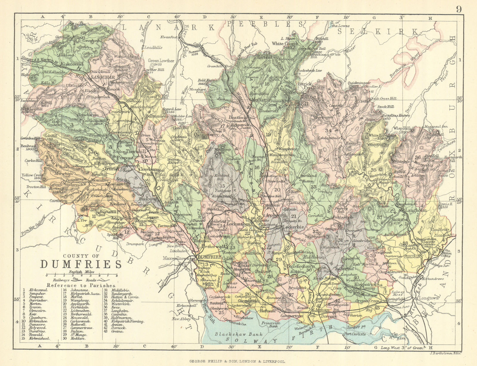 'County of Dumfries'. Dumfriesshire. Parishes. BARTHOLOMEW 1888 old map