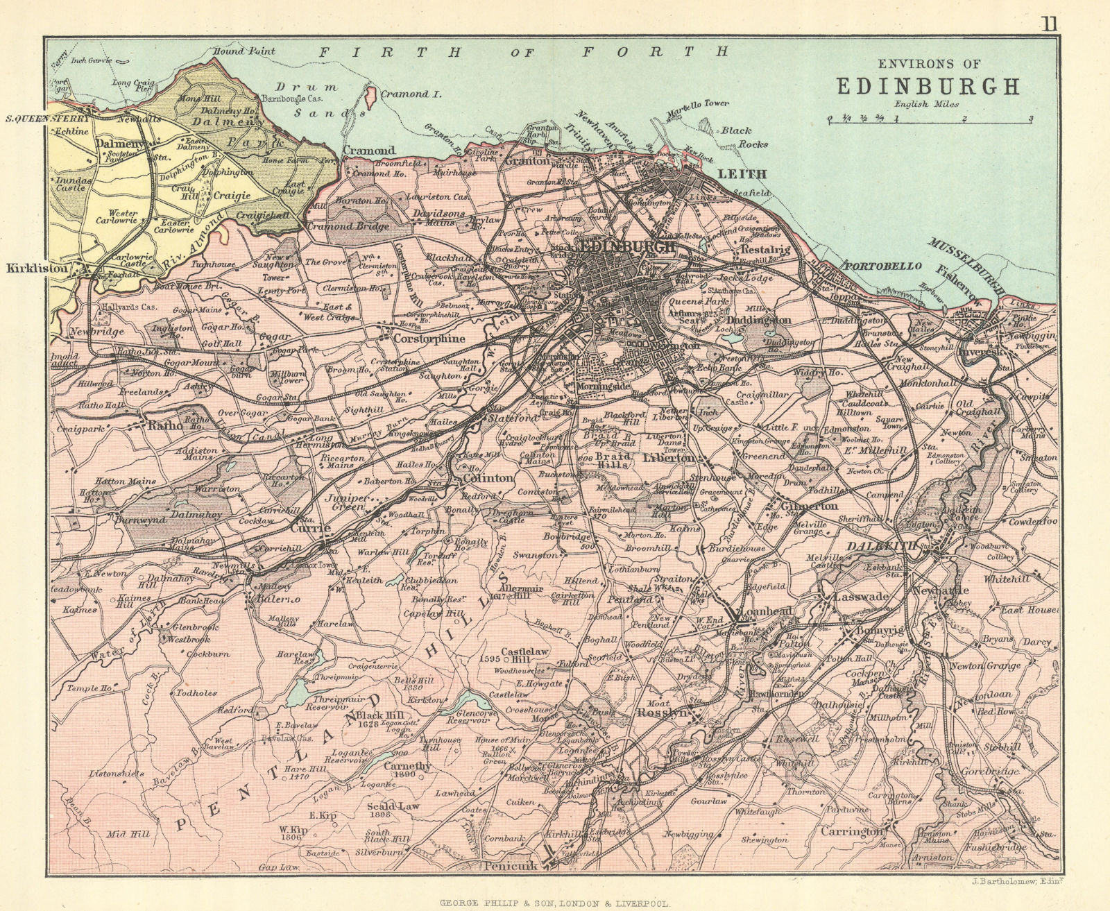 'Environs of Edinburgh'. Parishes. BARTHOLOMEW 1888 old antique map plan chart