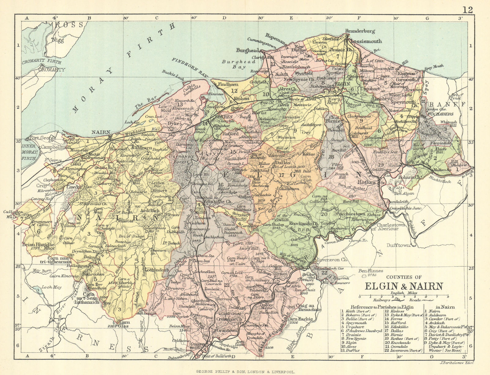 'Counties of Elgin & Nairn'. Elginshire & Nairnshire. BARTHOLOMEW 1888 old map