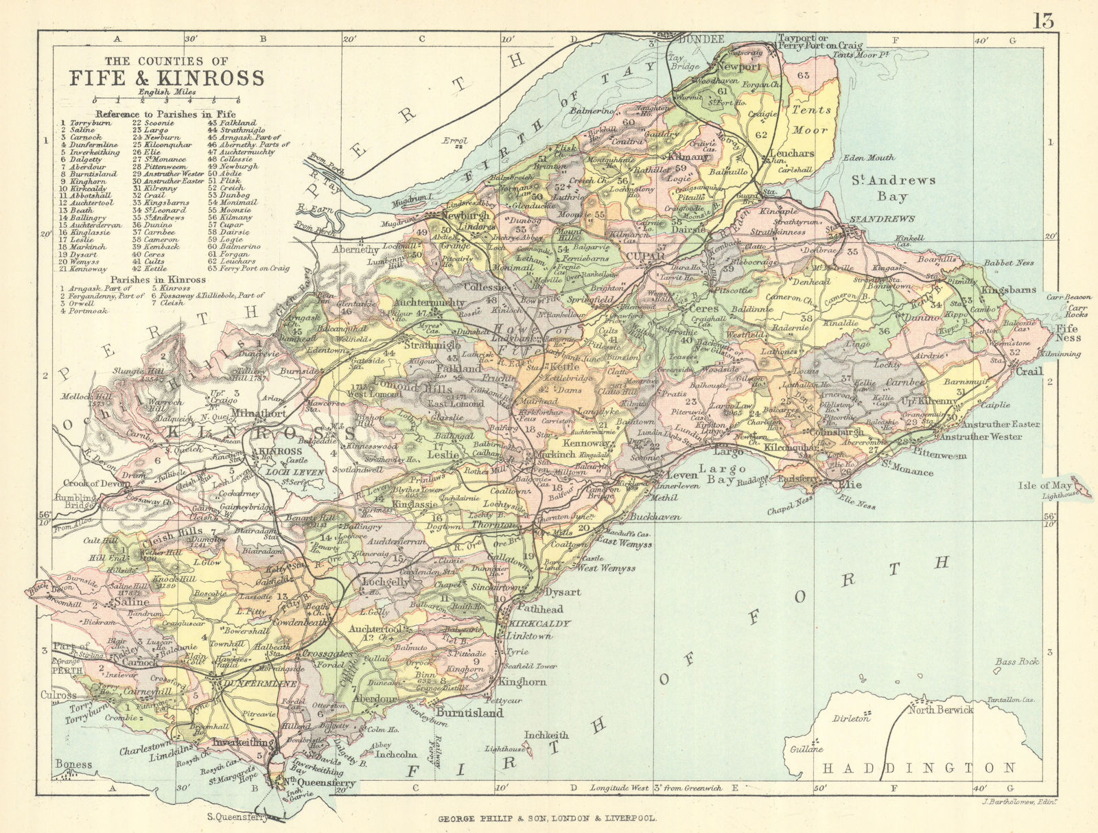 'The Counties of Fife & Kinross'. Kinross-shire. Parishes. BARTHOLOMEW 1888 map