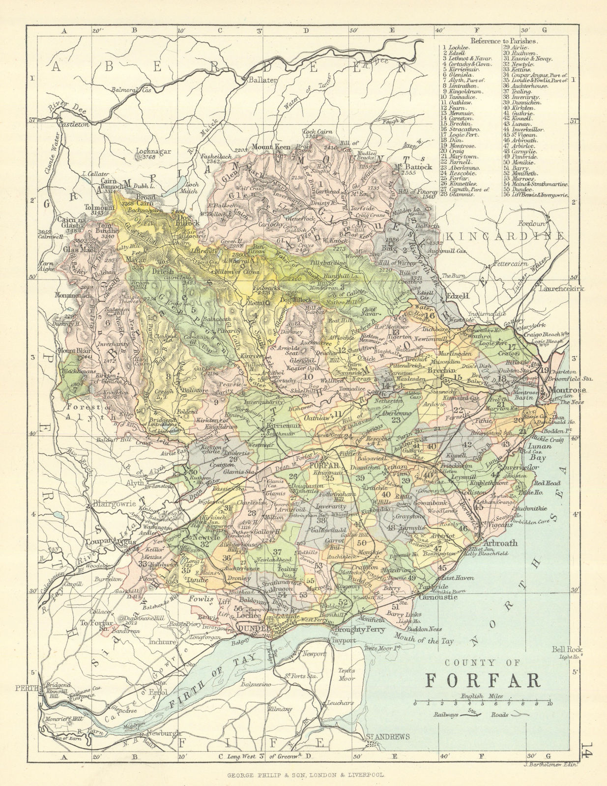 'County of Forfar'. Forfarshire. Parishes. BARTHOLOMEW 1888 old antique map