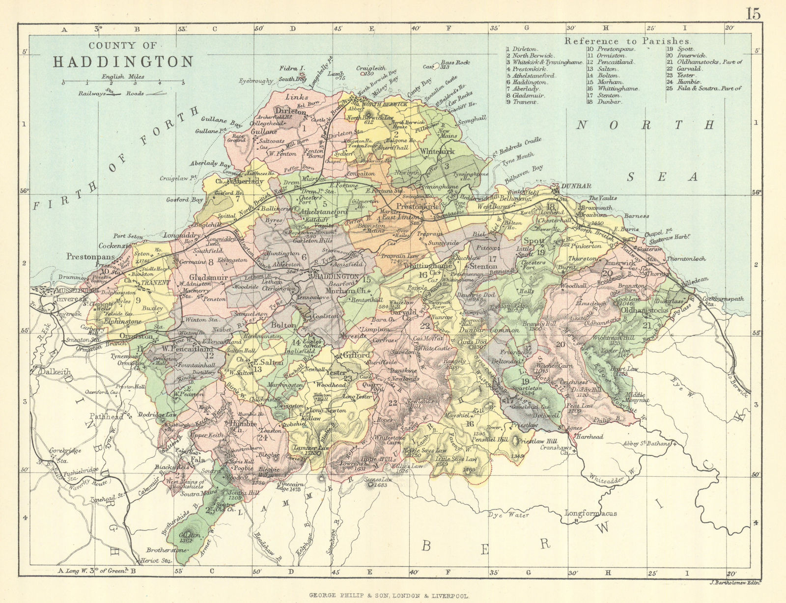 'County of Haddington'. Haddingtonshire. Parishes. BARTHOLOMEW 1888 old map