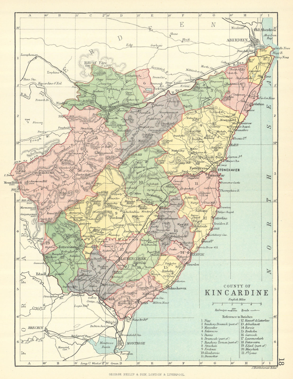 'County of Kincardine'. Kincardineshire. Parishes. BARTHOLOMEW 1888 old map