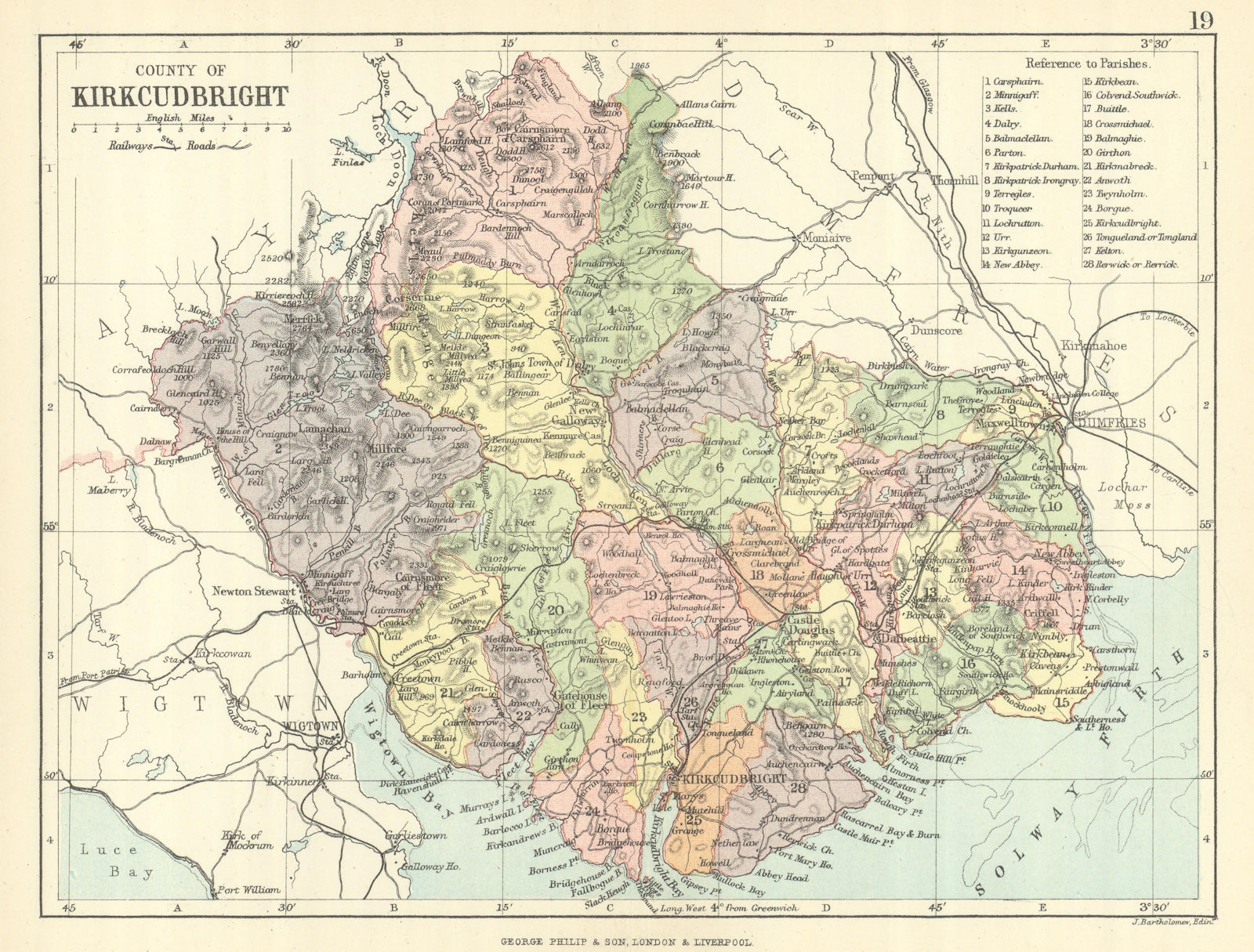 'County of Kirkcudbright'. Kirkcudbrightshire. Parishes. BARTHOLOMEW 1888 map