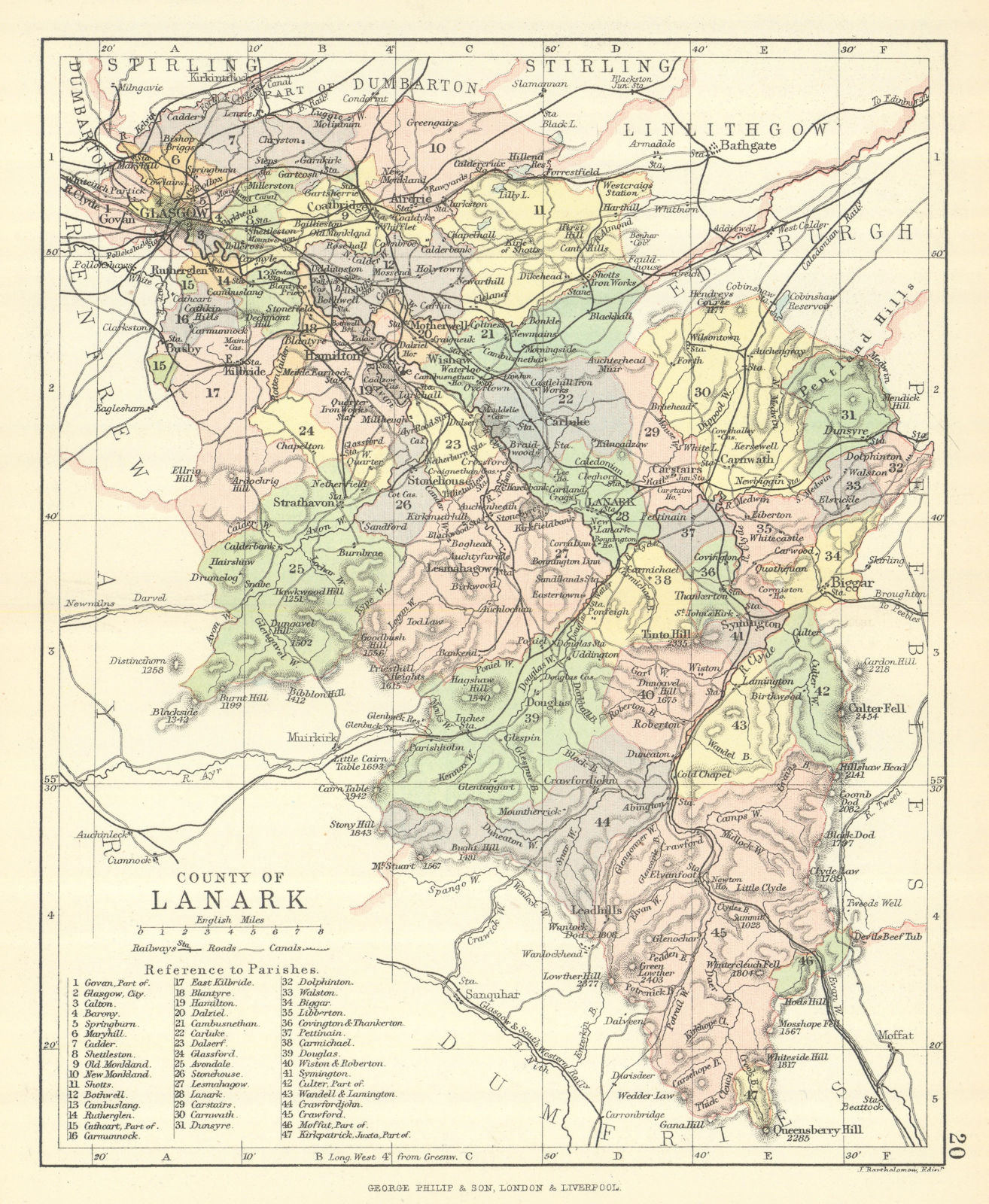 'County of Lanark'. Lanarkshire. Parishes. BARTHOLOMEW 1888 old antique map