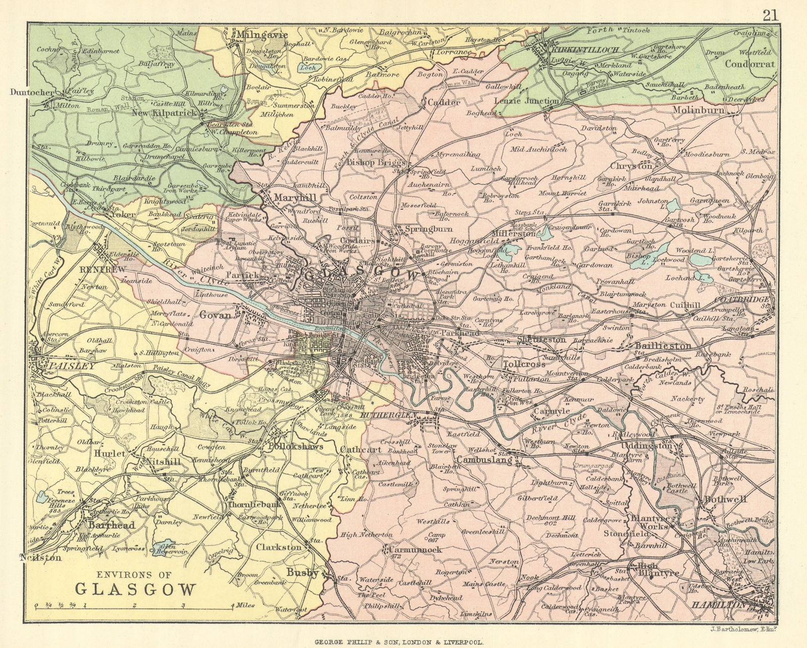 'Environs of Glasgow'. Parishes. BARTHOLOMEW 1888 old antique map plan chart