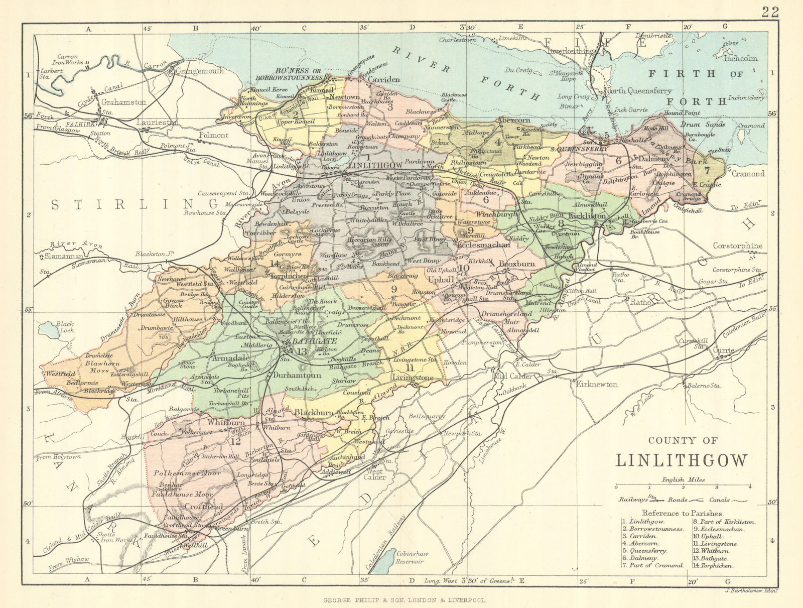 'County of Linlithgow'. Linlithgowshire. Parishes. BARTHOLOMEW 1888 old map