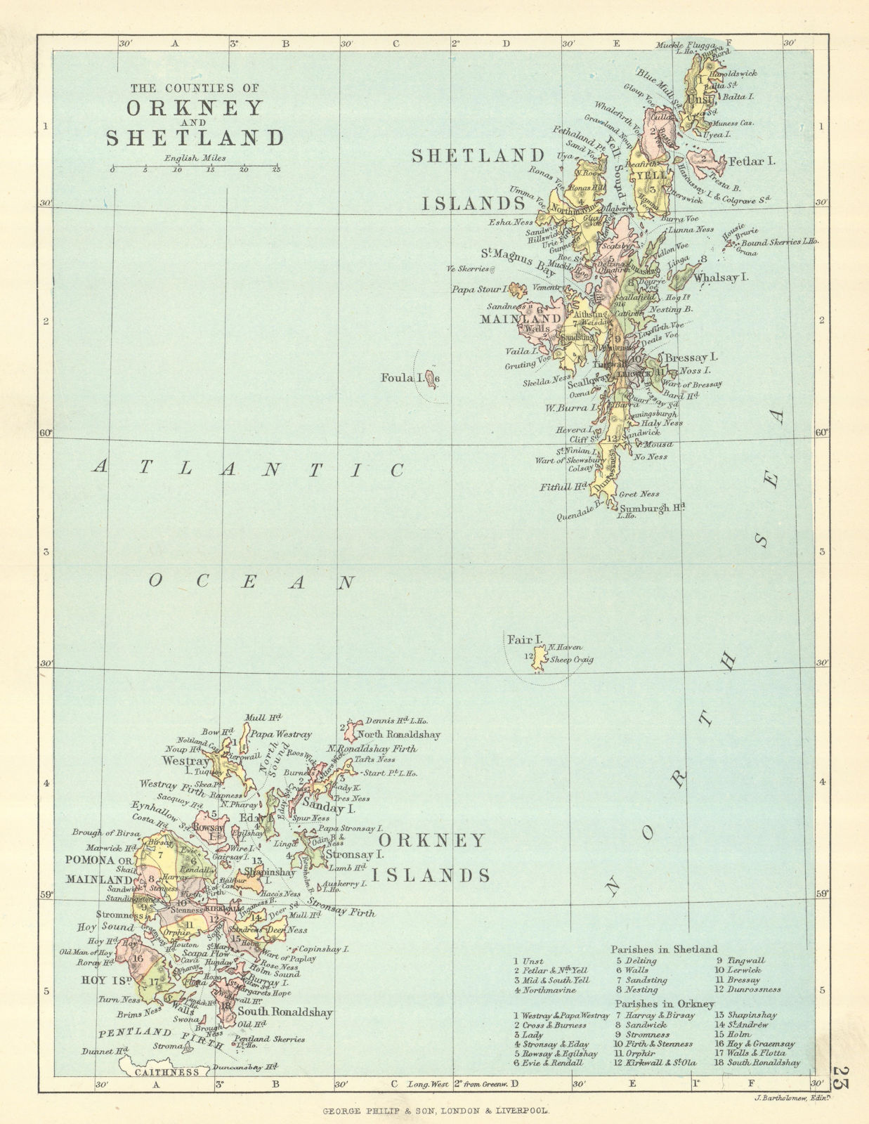 'The Counties of Orkney and Shetland'. Parishes. BARTHOLOMEW 1888 old map