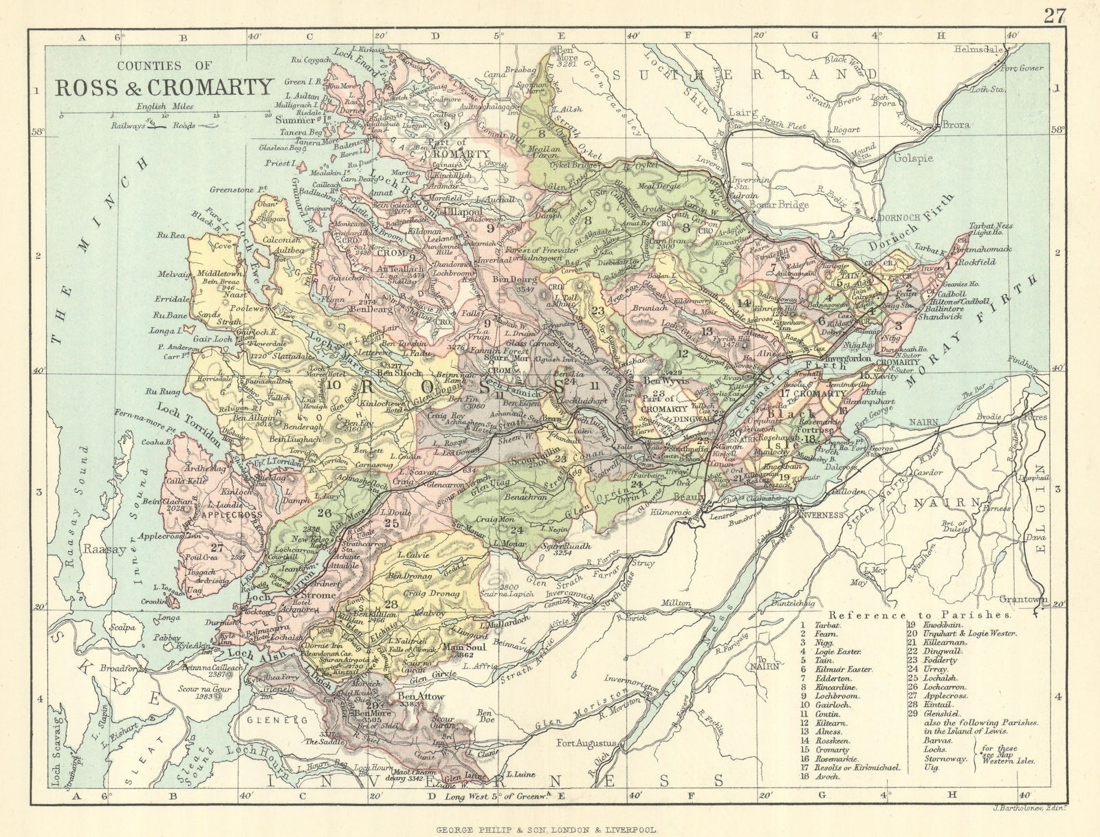 'Counties of Ross & Cromarty'. Ross-shire & Cromartyshire. BARTHOLOMEW 1888 map